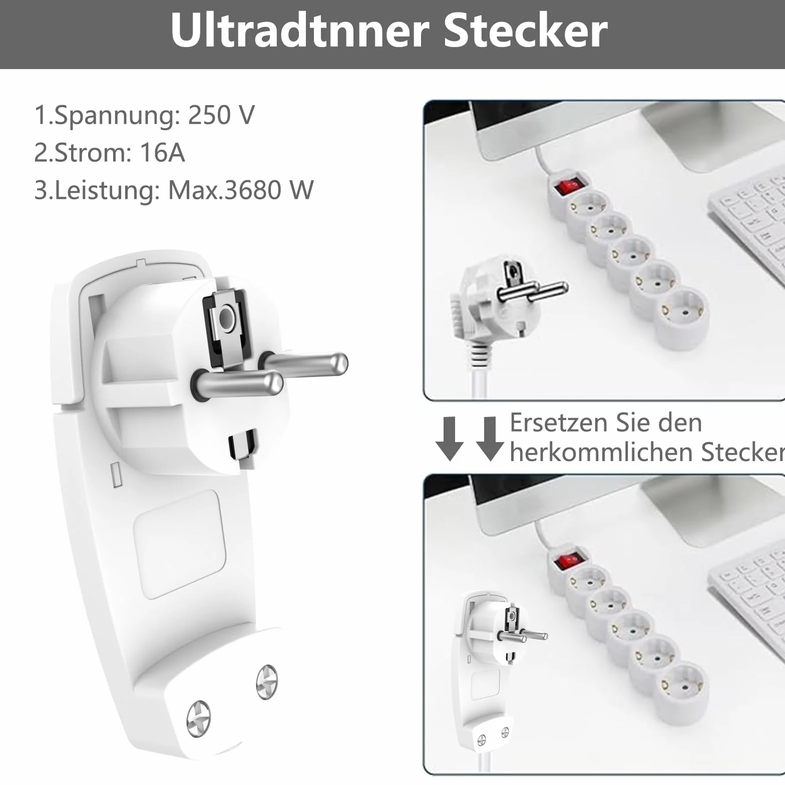 Enchufe Plano 2 Piezas Blanco Schuko IP20 250V 16A 1,5 mm²