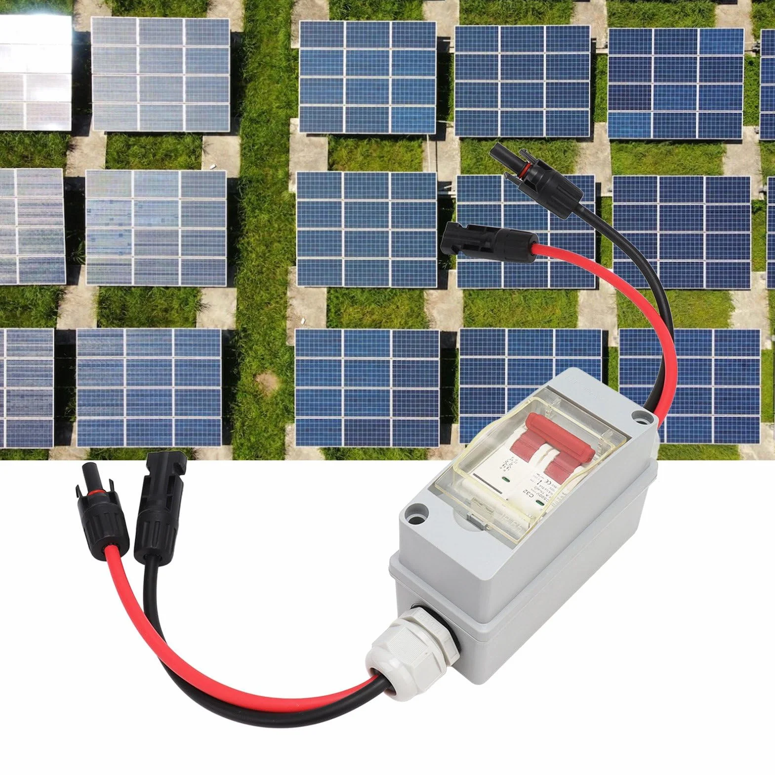 Interruptor aislante PV CC, interruptor de circuito MCB 2P, interruptor de desconexión solar CC de 500 V 32 A, IP65, para solar fotovoltaico, fuera de la red (con cable y conector PV)