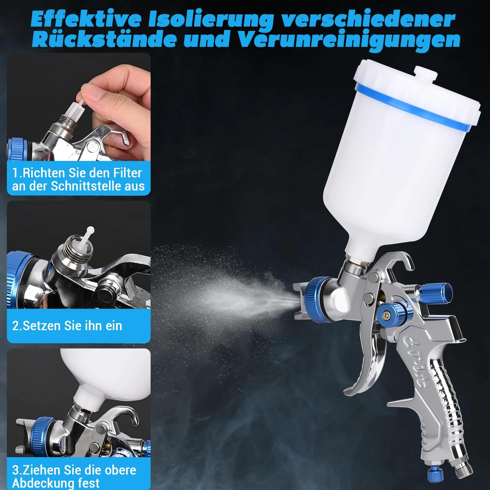 HVLP - Pistola pulverizadora con 3 boquillas (1,4/1,7/2,0 mm) – Pistola de pintura profesional de aire comprimido con vaso de plástico de 600 ml, presión de aire ajustable y flujo, acero