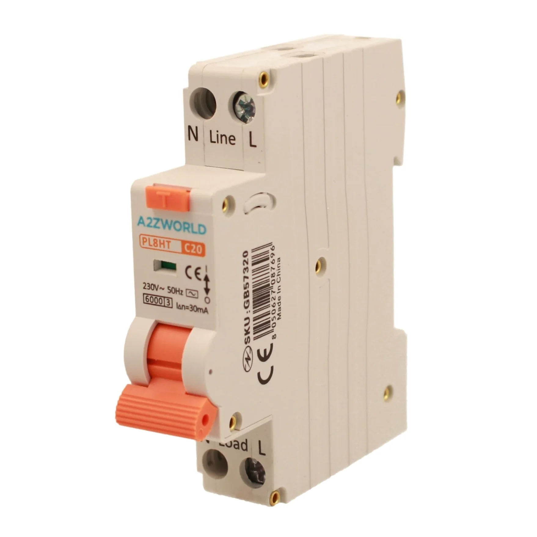 Interruptor magnetotérmico diferencial, 1P+N Tipo AC Curva C 220V, Ocupa 1 módulo DIN, RCBO 1P+N 6kA 30mA C20 20A
