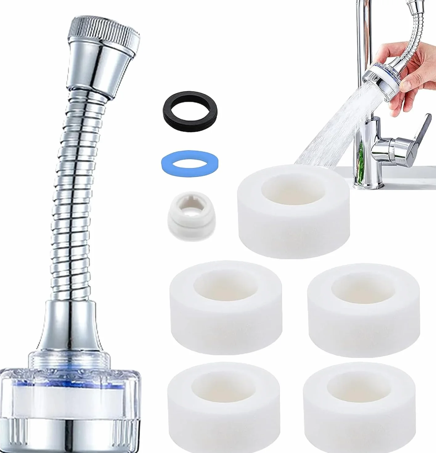 Filtro de Agua de 360° para Grifo de Baño con 5 Cartuchos Filtrantes, Filtro para Grifo de Lavabo con Tubo Extensible para Cocina y Baño, que elimina cloro, fluoruro, metales pesados y agua dura.