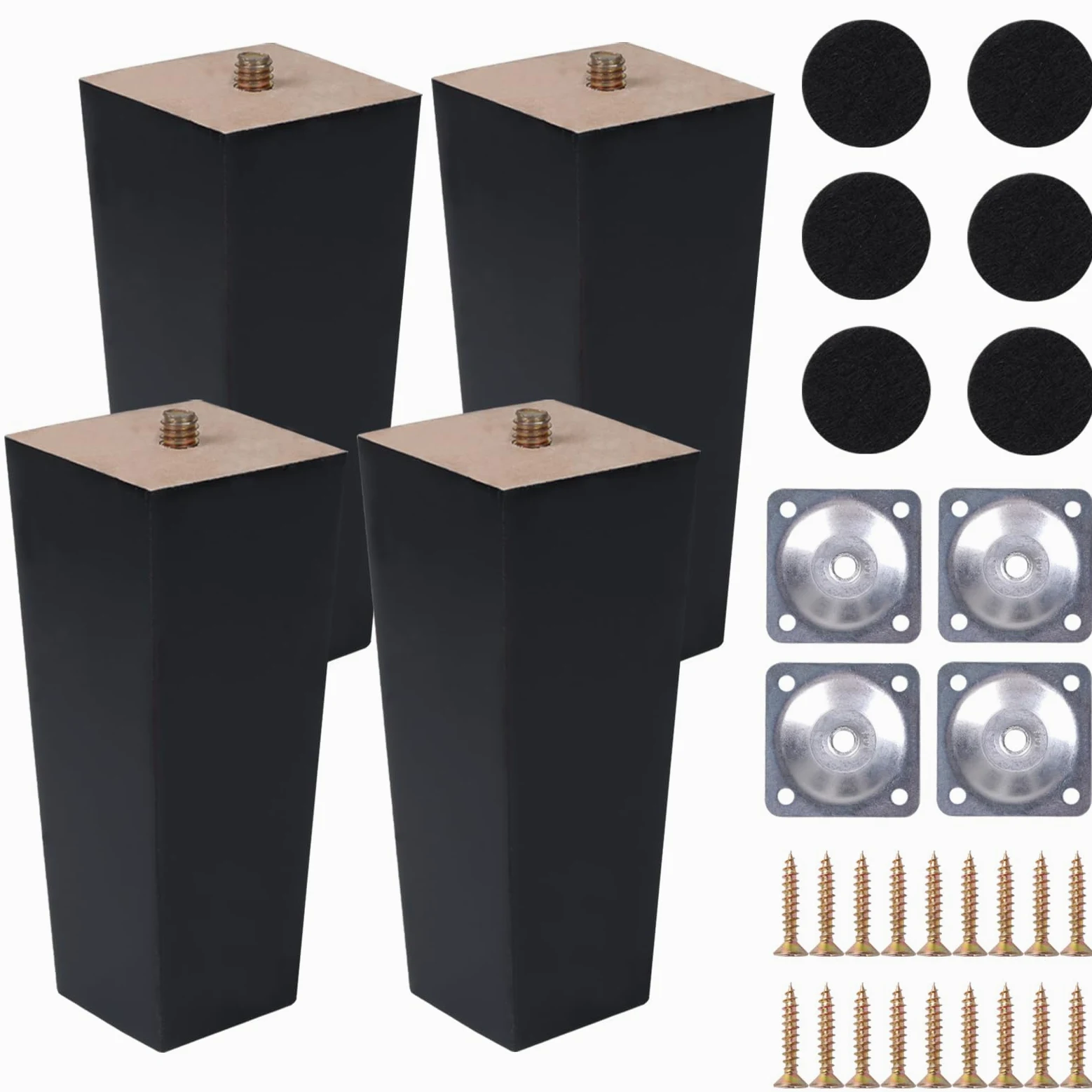 4 Piezas Patas para Muebles Madera Negro 20cm con Placa de Montaje Tornillos y Protectores de Suelo Pies para Muebles Cuadradas para Mesa de Té Sofá Cama Cajonera Mueble TV