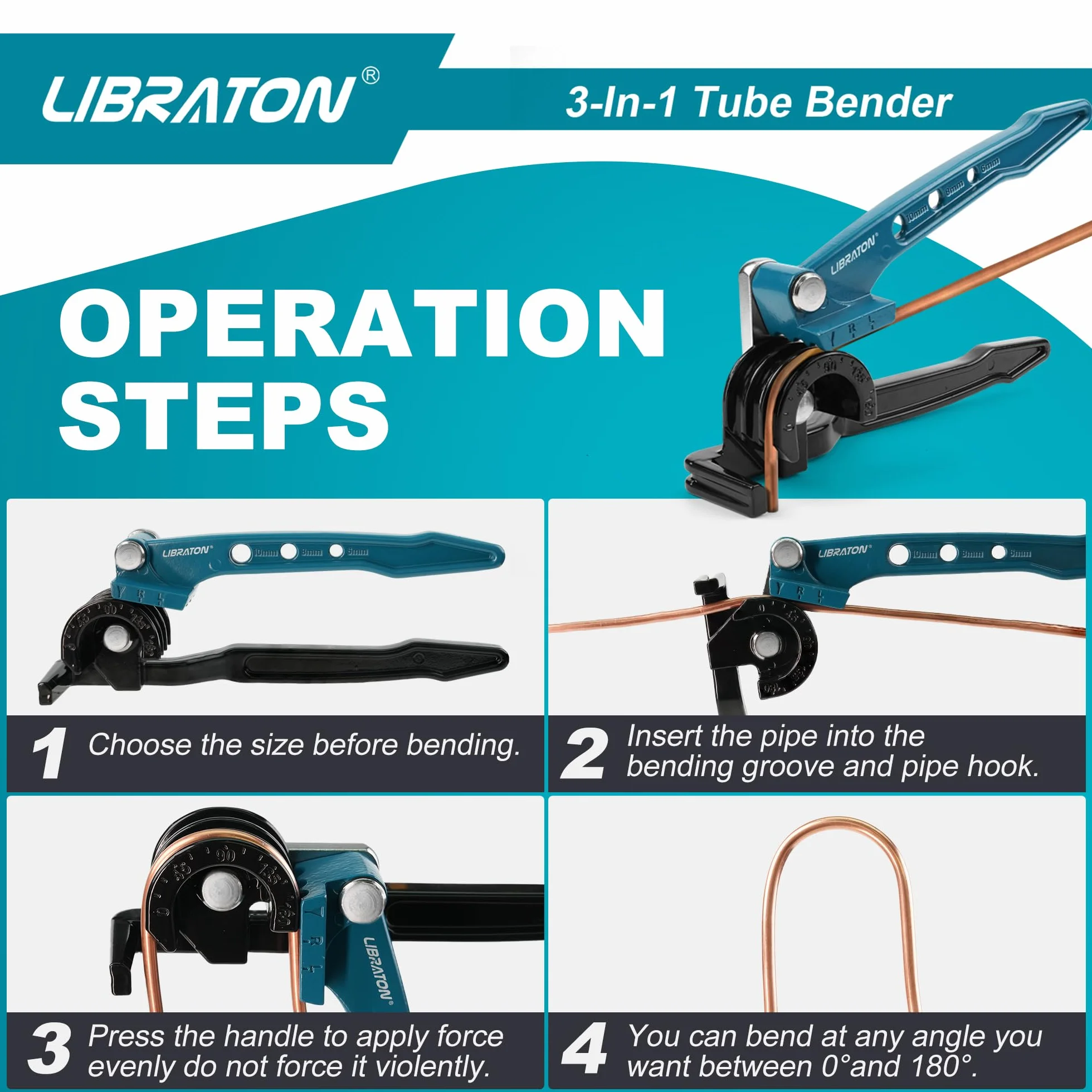 Libraton Curvadora de Tubo, Doblador de Tubos Manual 180 Grados, Herramienta de Doblado de Tubos para Tubos 6mm 8mm 10mm, Doblador Manual para Tubería de Cobre Latón Aluminio y Acero Fino