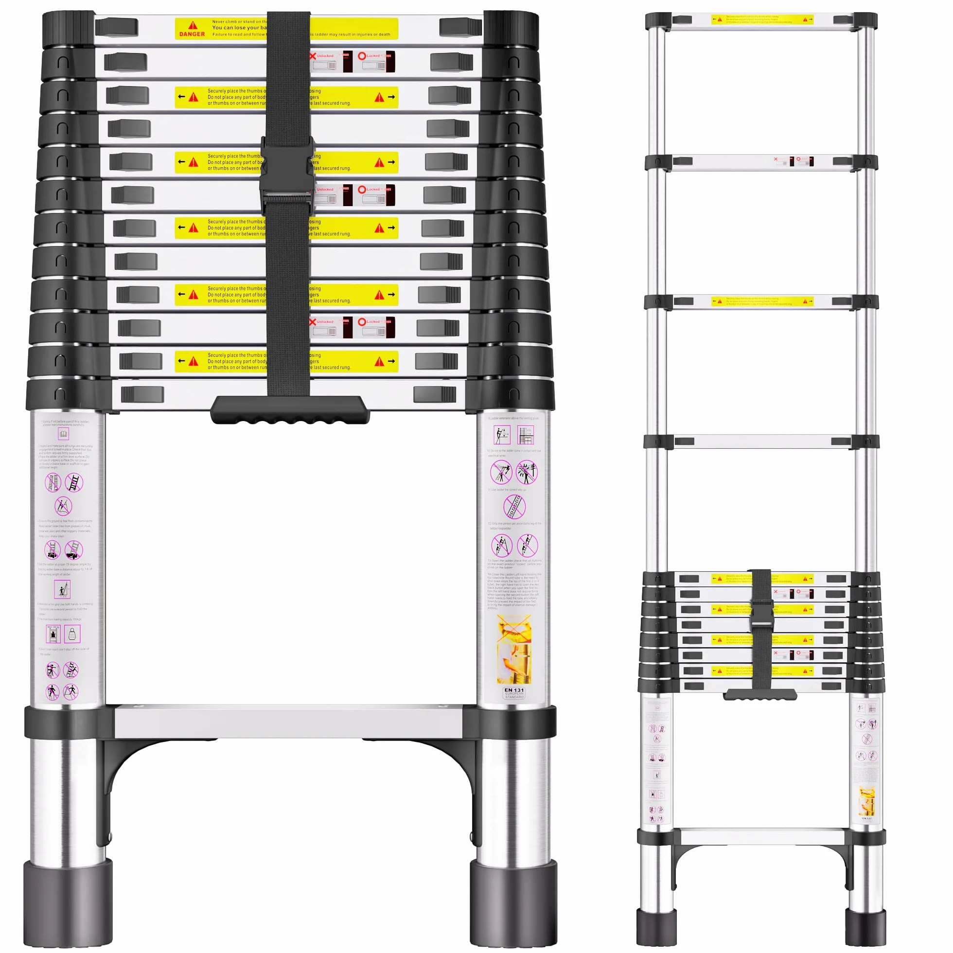 Escalera telescópica de Acero Inoxidable, 3,8m Escalera Extensible Portátil con Patas Antideslizantes, Ideal para áticos, techos, autocaravanas, decoración y Mantenimiento