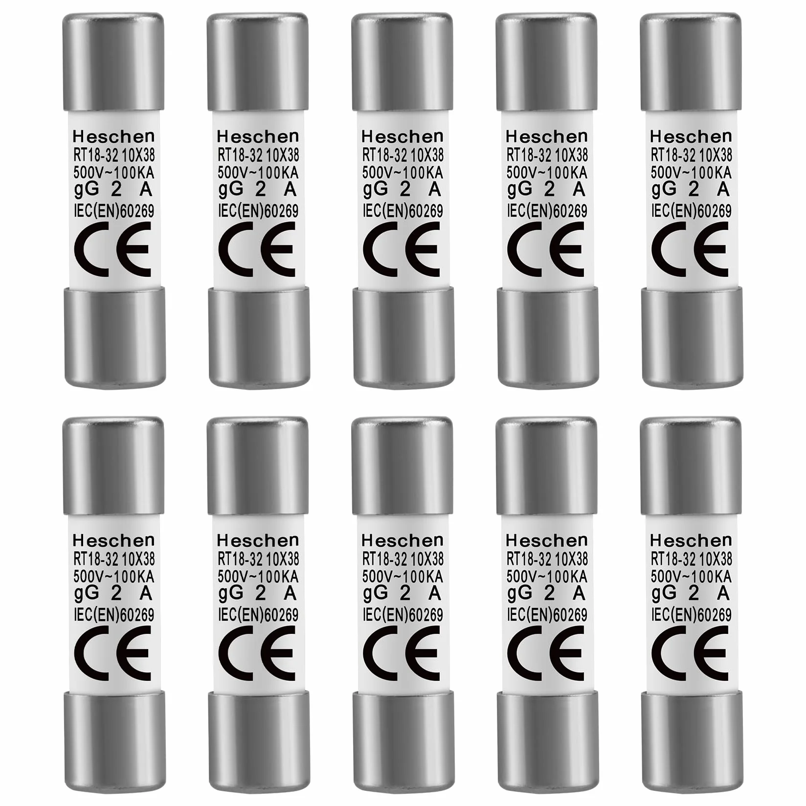 Heschen Tubo cilíndrico de cerámica de enlace de fusible RT18-32 RO15 10x38mm 2A 500V CE Pack de 10