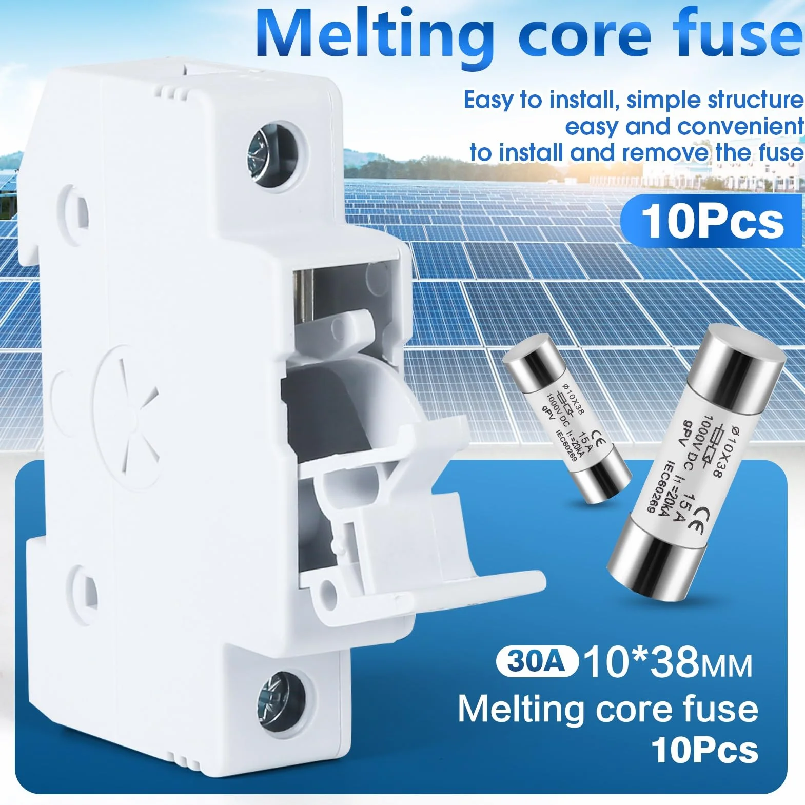 DEWIN Fusibles fotovoltaicos 10 Piezas 15 A 10X38 mm 1000 V DC para protección solar