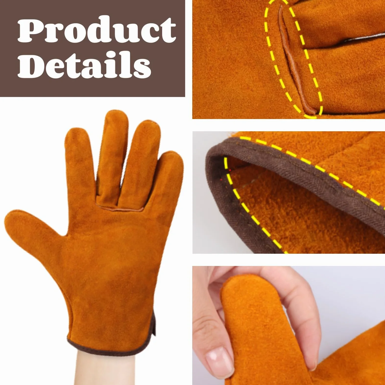 Tokaneit 2 Piezas Guantes Soldador Profesionales, Guantes Jardinería Cuero, Guante Cuero Soldadura, Doble Costura en Los Dedos, para Soldar Electrodo, Barbacoas, Jardinería, Amarillo