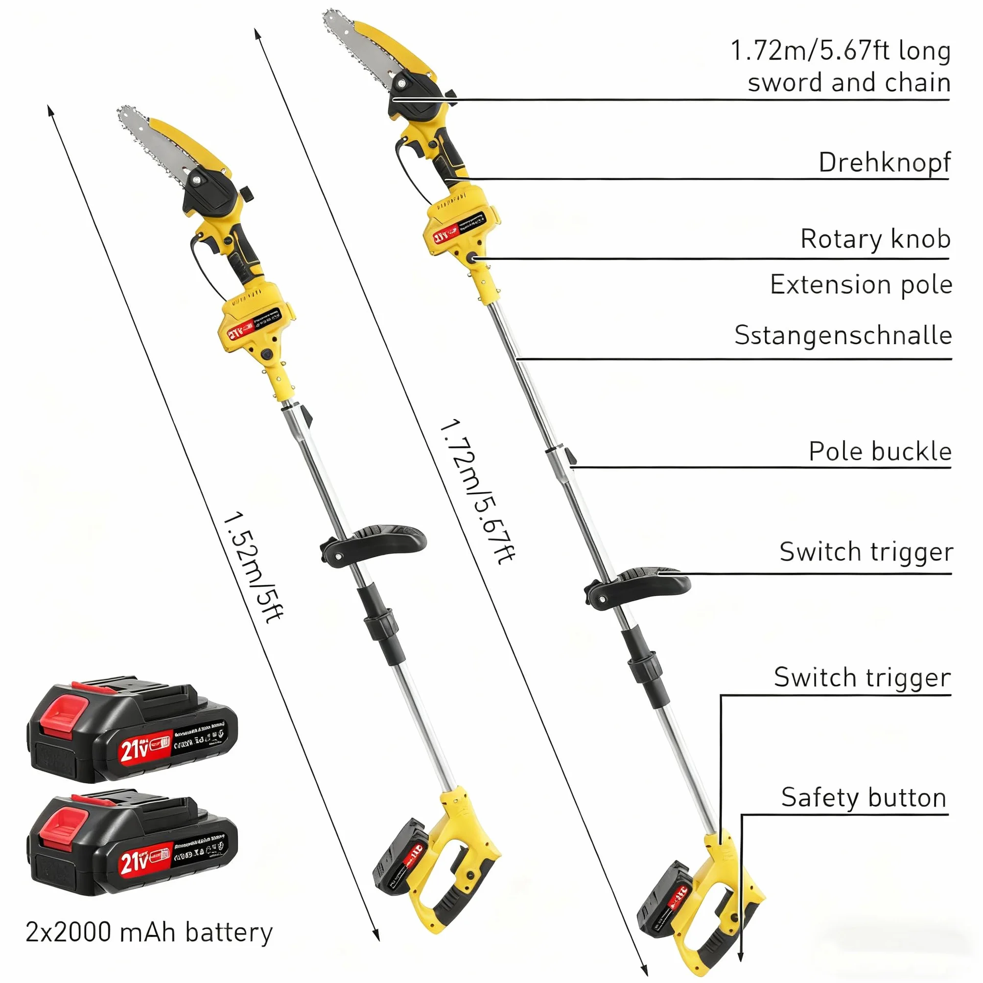 Tijeras de Podar Telescópicas Eléctricas 2 en 1, Acero Inoxidable, 1.72m, 2000mAh