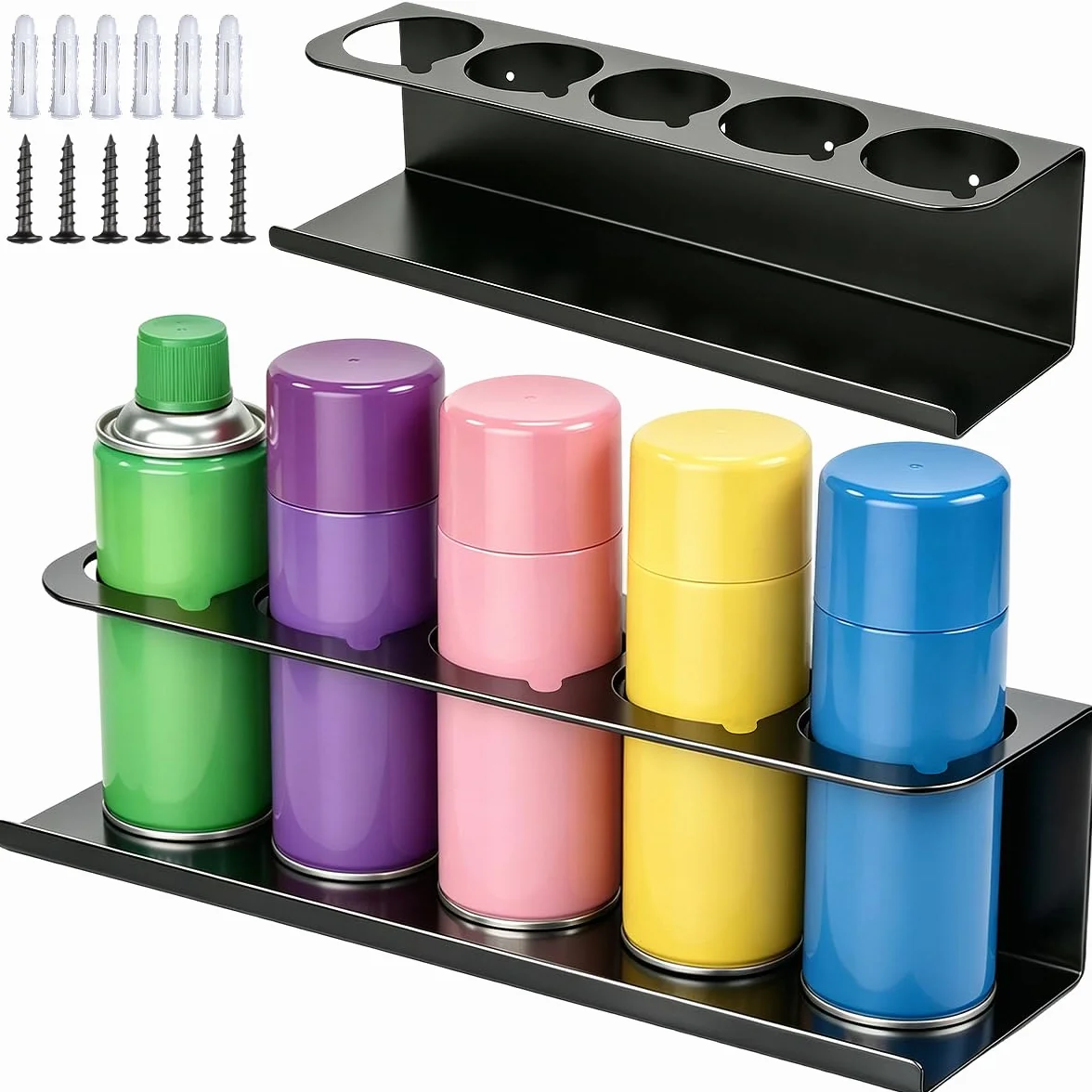 2 soportes para latas de aerosol de acero al carbono negro para 5 latas de 7,6 cm, soporte para latas de taller con tubo de expansión y tornillos, accesorios para garaje, taller, caravana