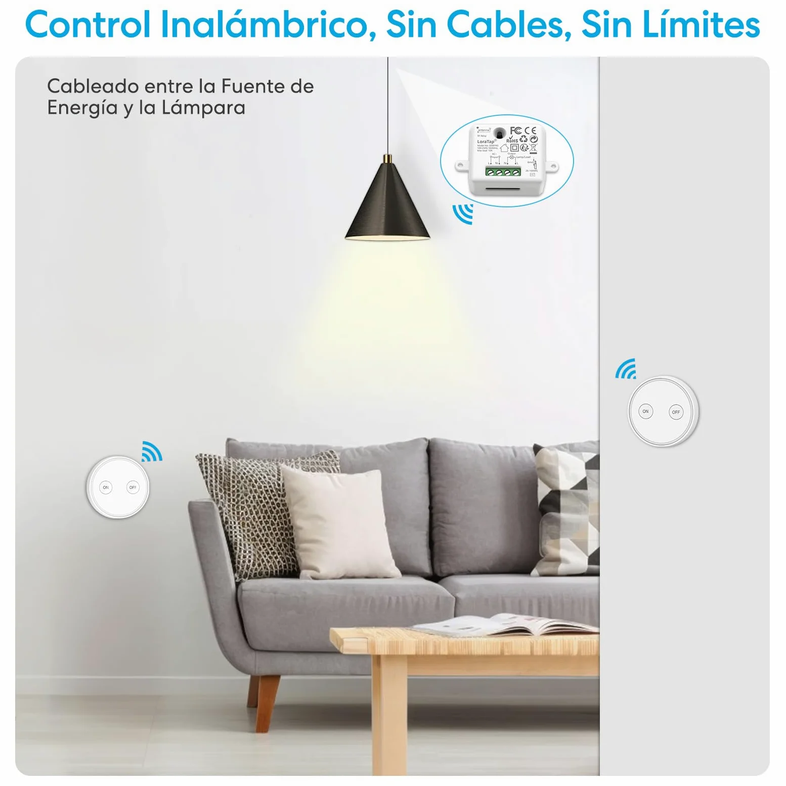 Kit de Interruptor Inalámbrico LoraTap para Luces y Electrodomésticos - Receptor de Alta Potencia 2500W 10A, Alcance Largo hasta 200m, Incluye 2 Mandos a Distancia + 1 Relé