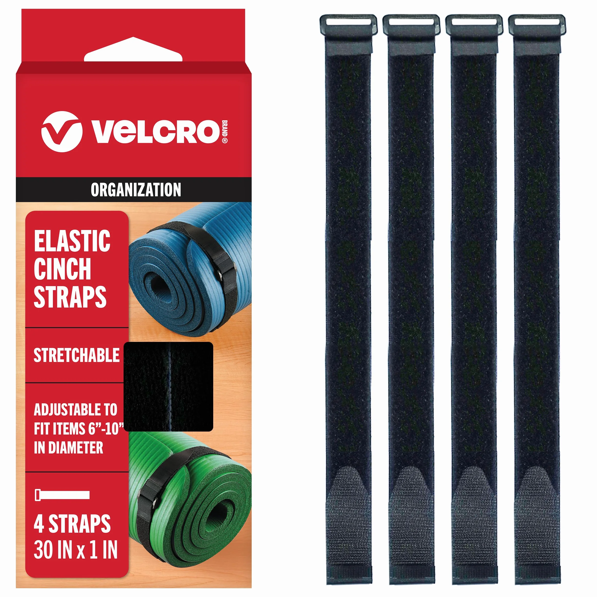 VELCRO Paquete de 4 correas elásticas de 30 pulgadas, elásticas y ajustables para un ajuste cómodo, sujeta paraguas al aire libre, madera, lonas, mantas, postes, más, cincha con hebilla, color negro