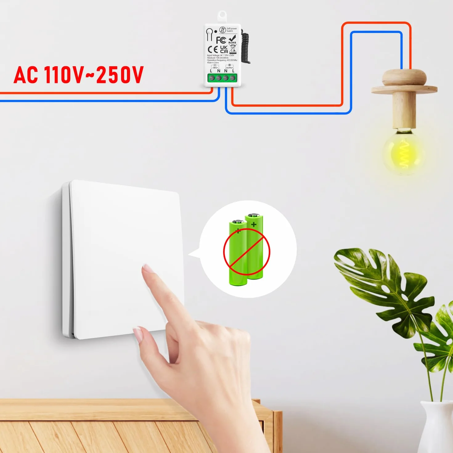 Interruptor De Luz Inalámbricas Autoalimentado, Tedeligo Sin Batería Interruptor A Prueba De Agua 220V 10A Relé Transmisor De Radio Rango De Control De 50M Para Iluminación De Lámpara (1 a 1)