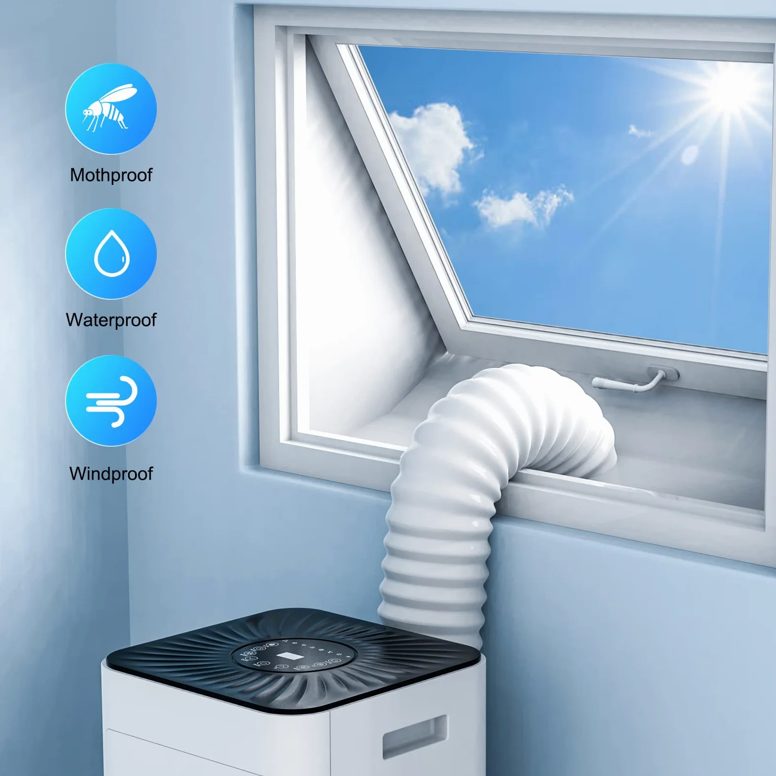 Kit Ventana Aire Acondicionado Portatil, Adaptador Ventana aire Acondicionado, Protector de Intercambio de aire de 300cm, Adecuada para Ventanas Abatibles, Claraboyas, sin Taladrar, Color Blanco
