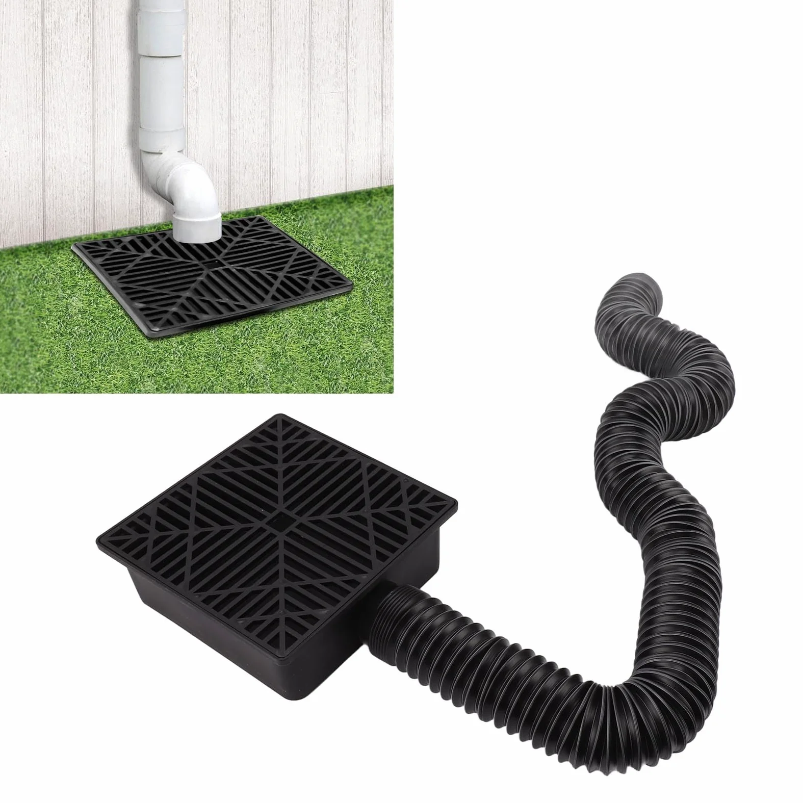 Extensión Flexible para Canalones y Bajantes - Tubo de PVC Extensible (41-155 cm), Diámetro Interno 6.5 cm, para Canalón de Lluvia y Desagüe de Tejado Negro