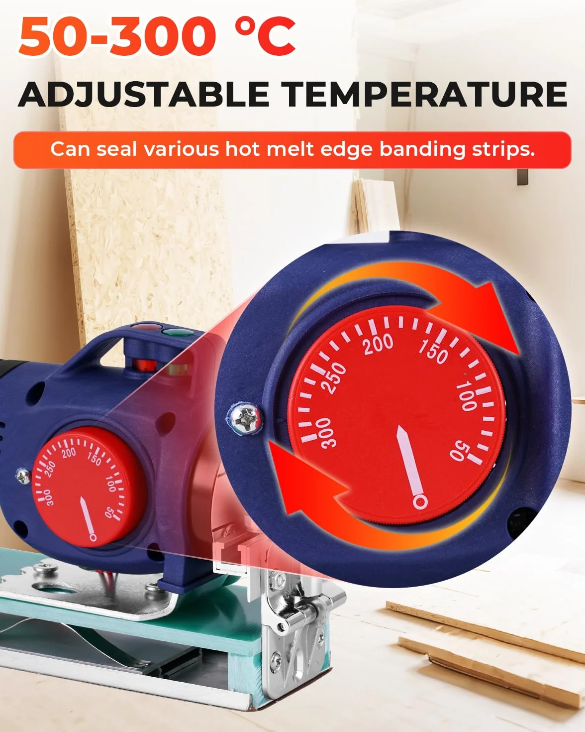 YUCHENGTECH Encoladora de Cantos Manual Portátil 50-300℃ Temperatura Ajustable para 0-60 mm Cinta Tapacantos Adhesiva Termofusible