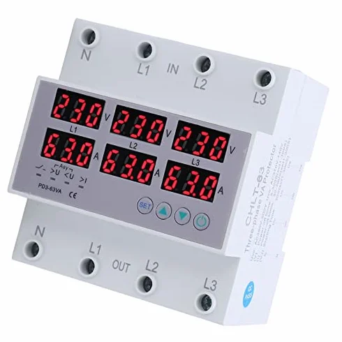 AC230-300V Trifásico Carril DIN Voltímetro Amperímetro Sobretensión Protector contra Sobrecorriente Restablecimiento Automático Pantalla Digital Voltaje Corriente Tiempo Real(63A)