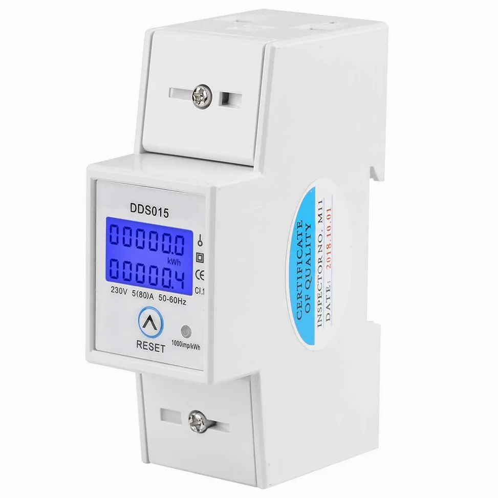 Jadeshay Contador Electrico Monofásico DDS015 Medidor de Consumo Electrico 5-80A 230V 50Hz con Pantalla LCD Retroiluminada Reiniciable Montaje en Carril DIN