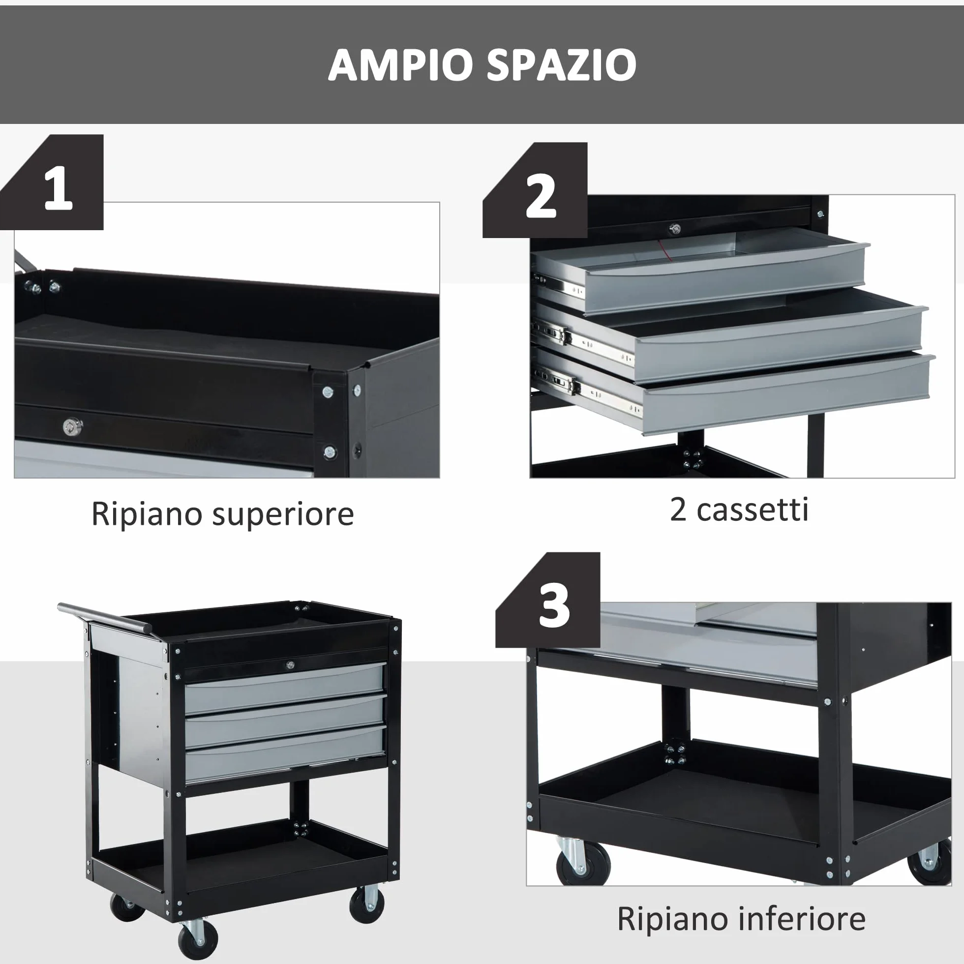 HOMCOM Carro de Herramientas Móvil 3 Cajones 2 Estanterías 68x46x88cm Chapa de Acero Negro