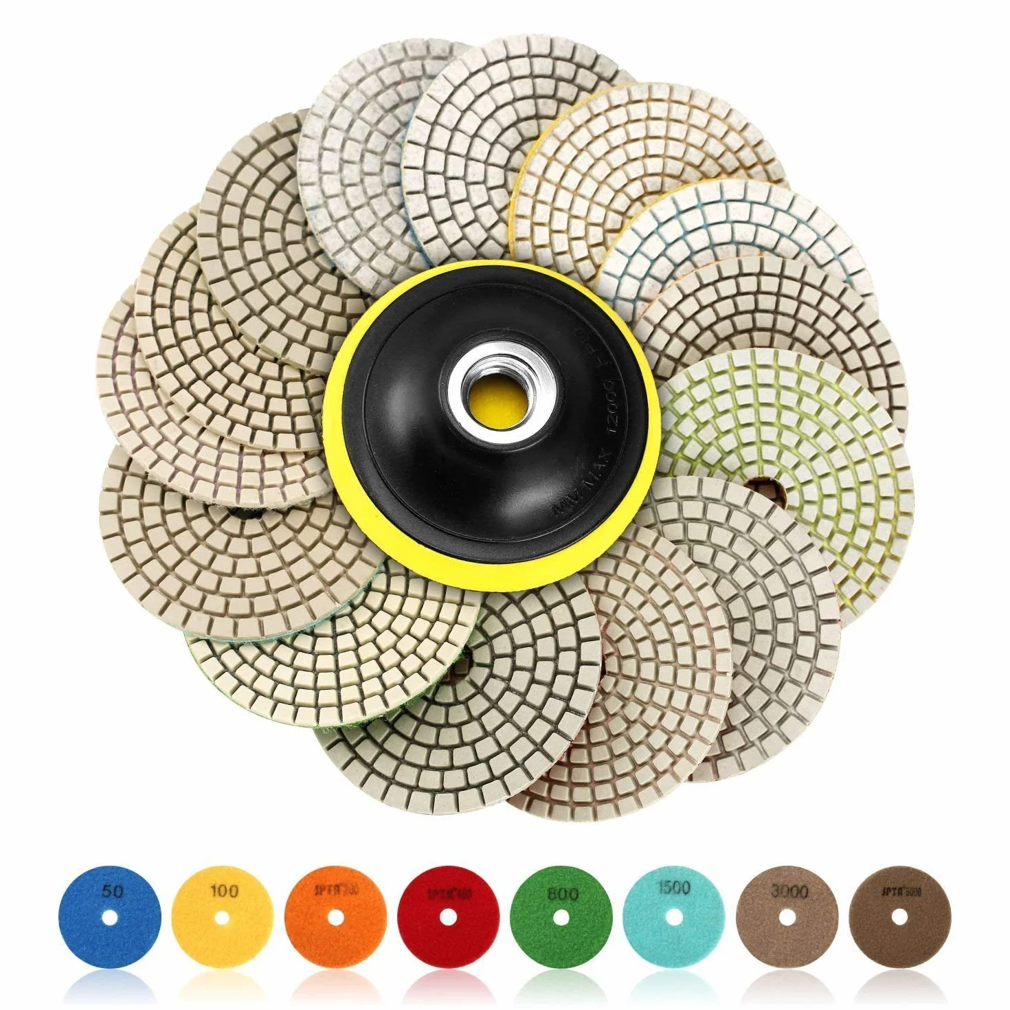 Disco de Diamante para Pulir, 100 mm Húmedo de Pulidoras de Diamante Accesorios 50#,100#,200#,400#,800#,1500#,3000#,6000# para pulidor de piedra mojada pulidora -OA1597SET15