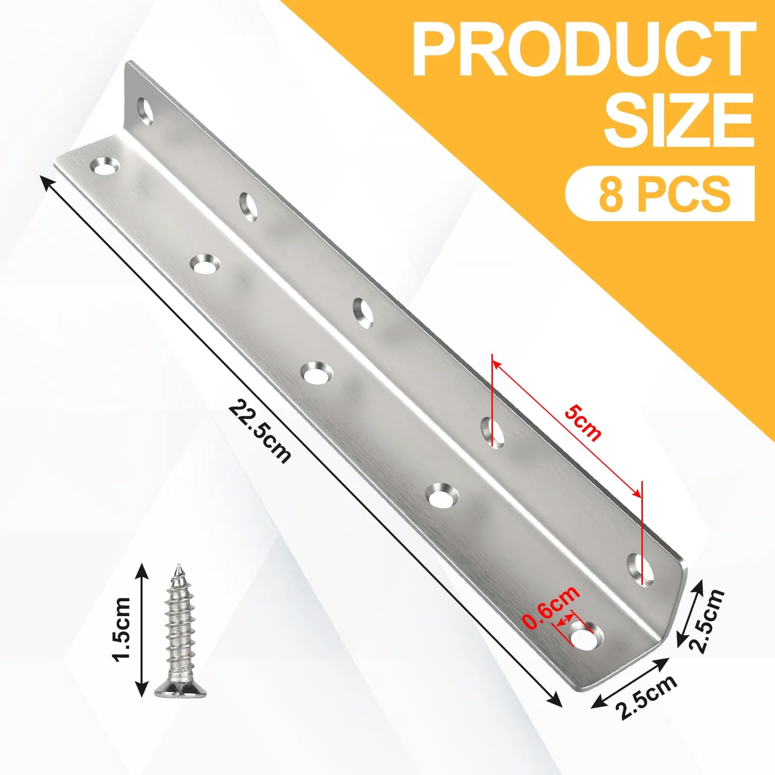 8 Piezas Conector Angular en L, Soporte de Esquina 90 Grados de Acero Inoxidable Plata 225 x 27 x 27MM para Reforzamientos, Reparaciones, Mobiliario