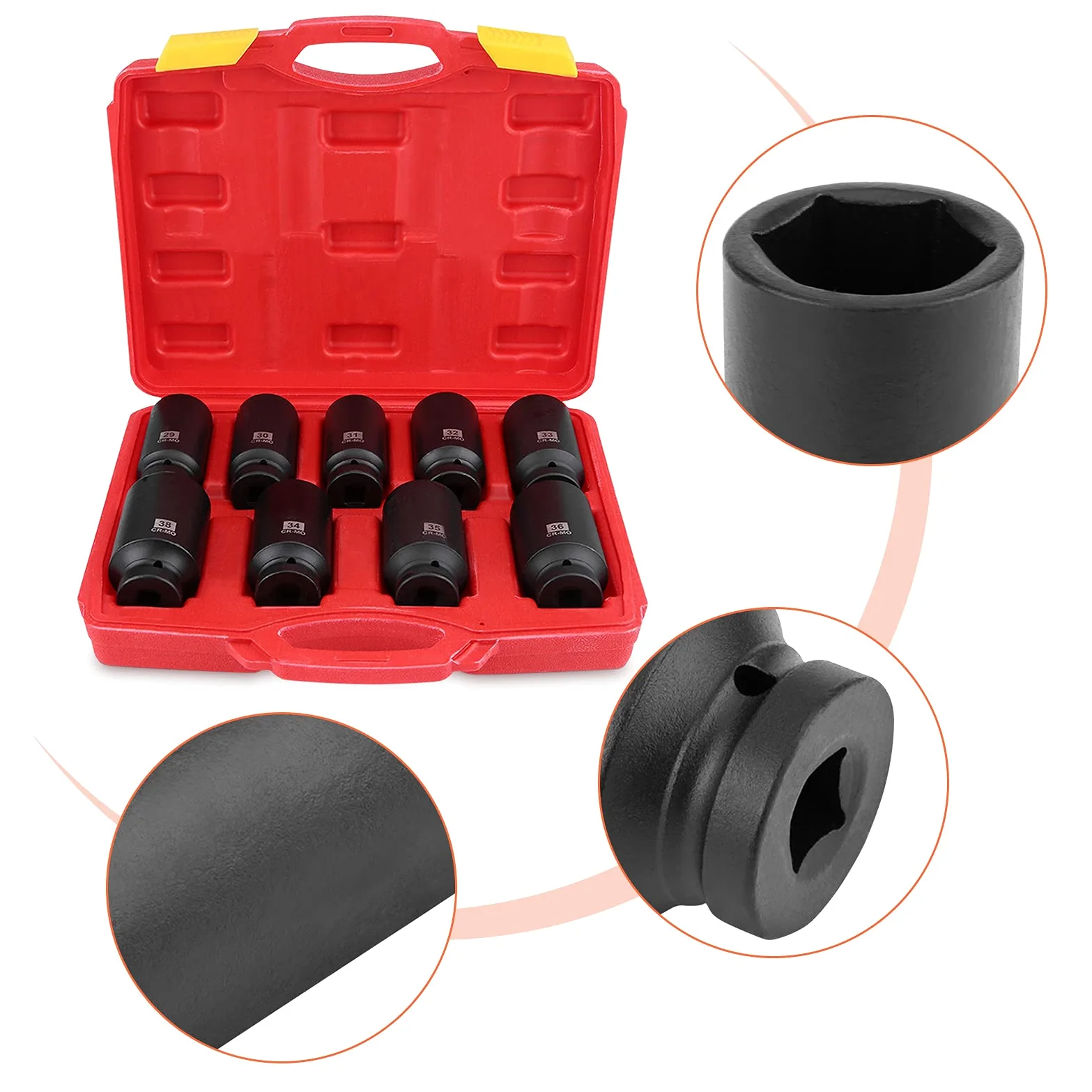 Juego de Dados de Impacto 1/2", 9 Piezas, 29mm a 38mm, Incluye 29mm 30mm 31mm 32mm 33mm 34mm 35mm 36mm 38mm