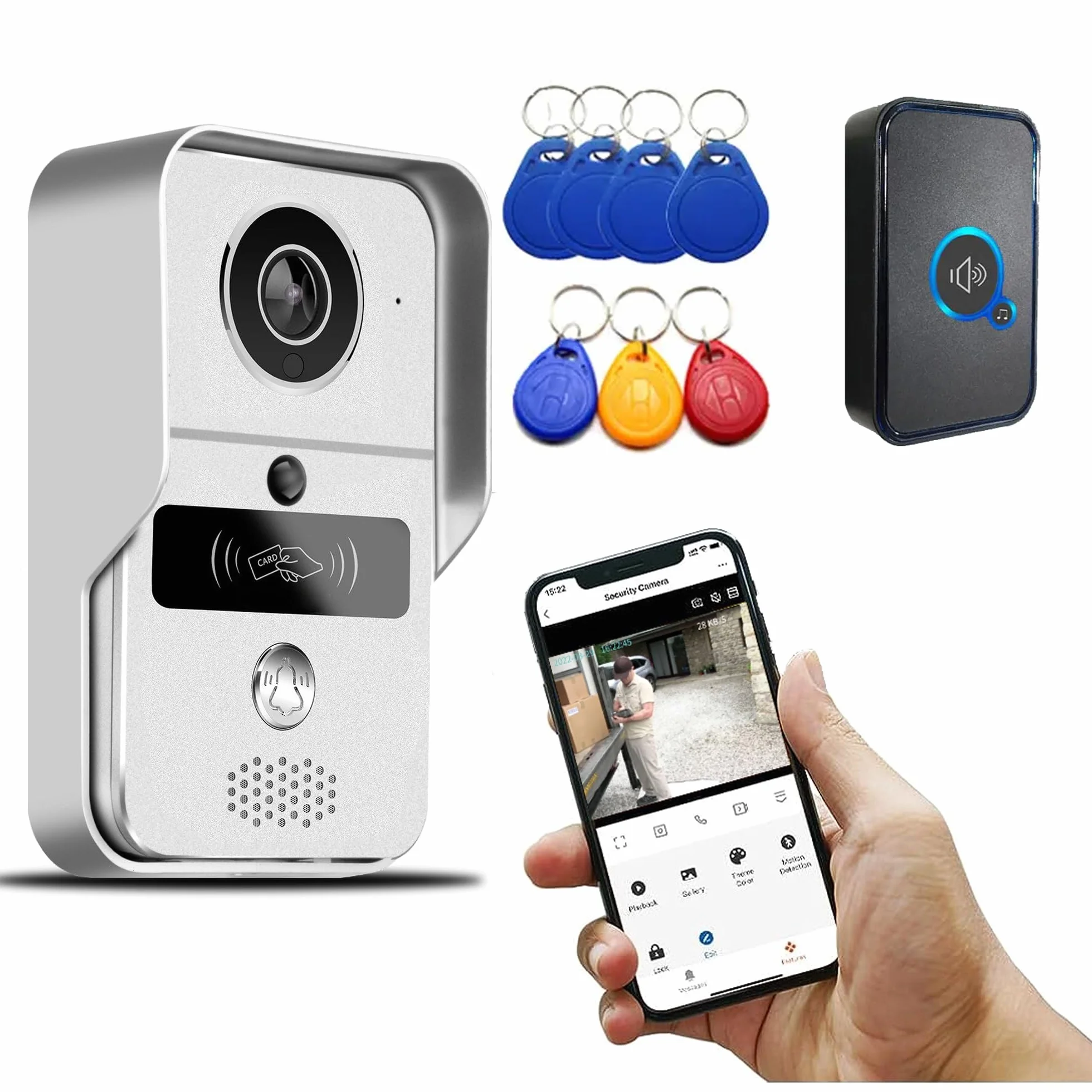 Tuya Smart Life Timbre de vídeo con timbre inalámbrico WiFi, RJ45 1080P Visión Nocturna Intercomunicador Vigilancia de seguridad Videoportero Sistema de control de acceso telefónico, Plata