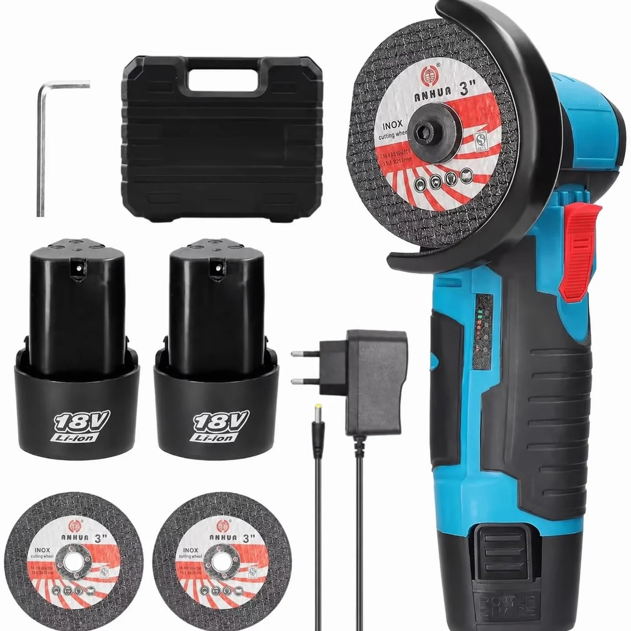 Mini Amoladora Angular Inalámbrica LHD de 18V con 2 Baterías, Cargador, 2 Discos de Corte y Maletín de Transporte.