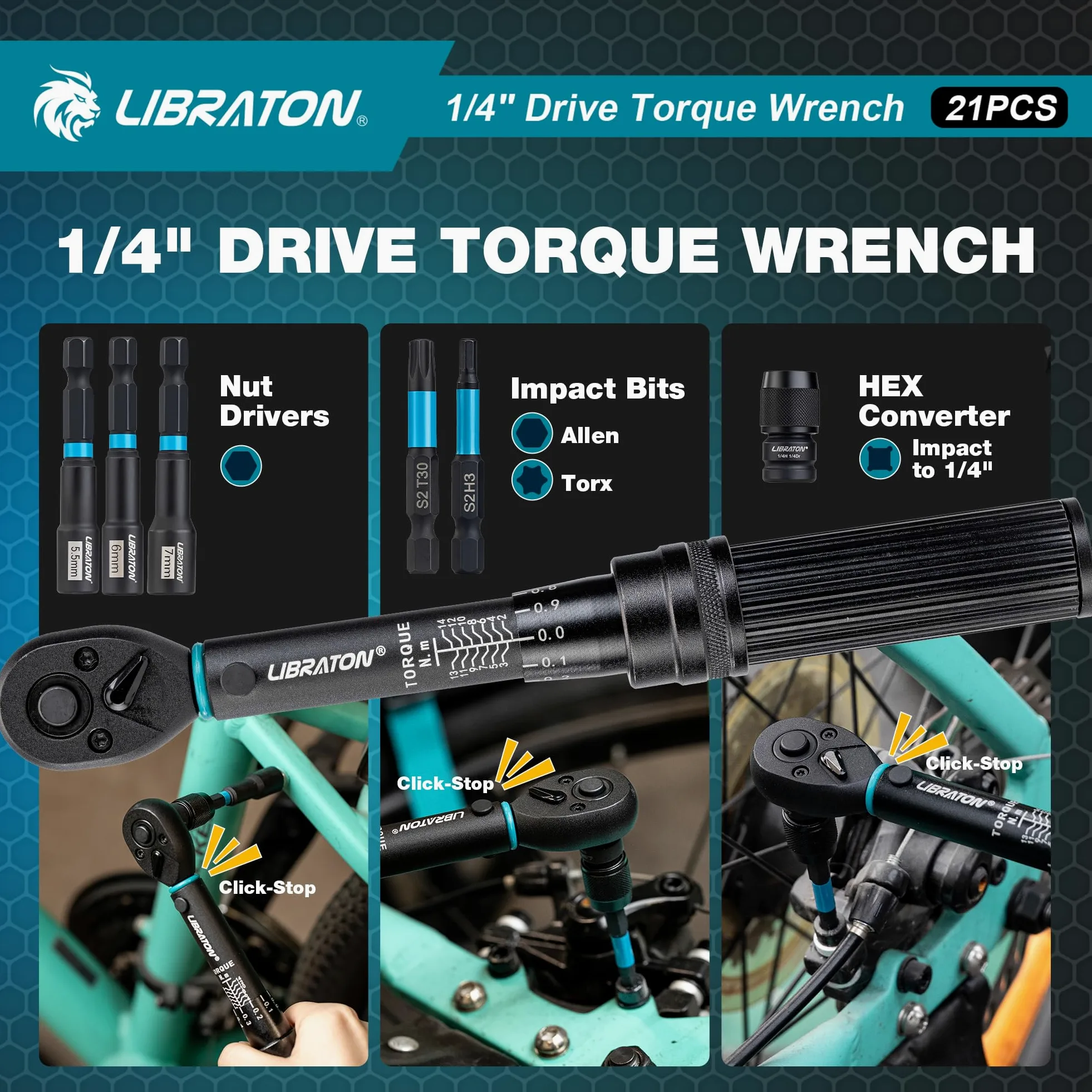 LIBRATON Llave Dinamométrica 1/4", 2-14 Nm Llave Dinamometrica Bicicleta, 72 Dientes, Micro Click de 0,1 Nm, Puntas Hex y Torx, Destornilladores de Tuercas, Adaptadores de Cuadrada a 1/4" Hex