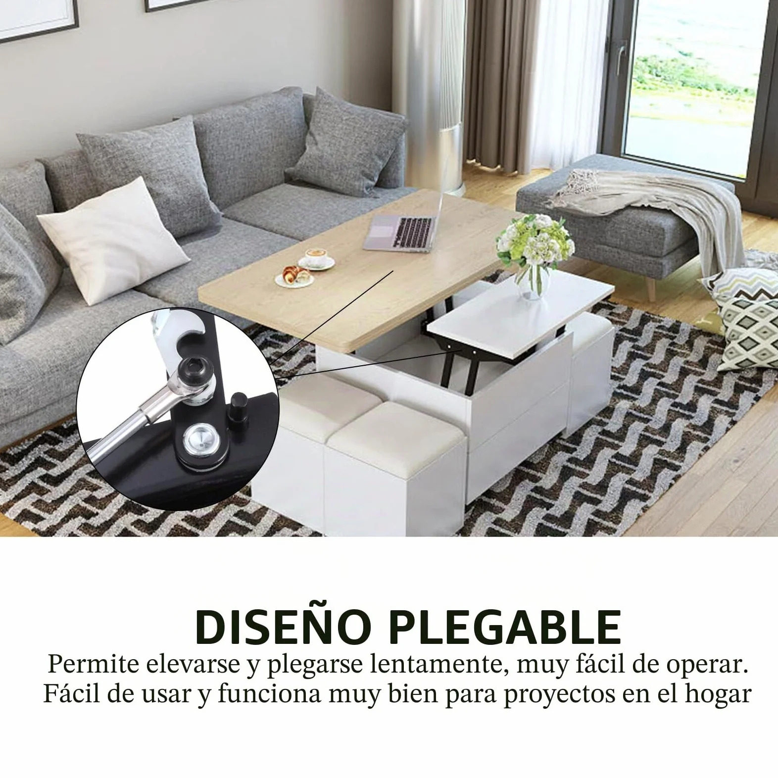 Mecanismo Hidráulico con Bisagra para Mesa Centro Elevable Marco Resistente con Amortiguador de Gas Multifuncional para Muebles Extensibles y Ahorro de Espacio