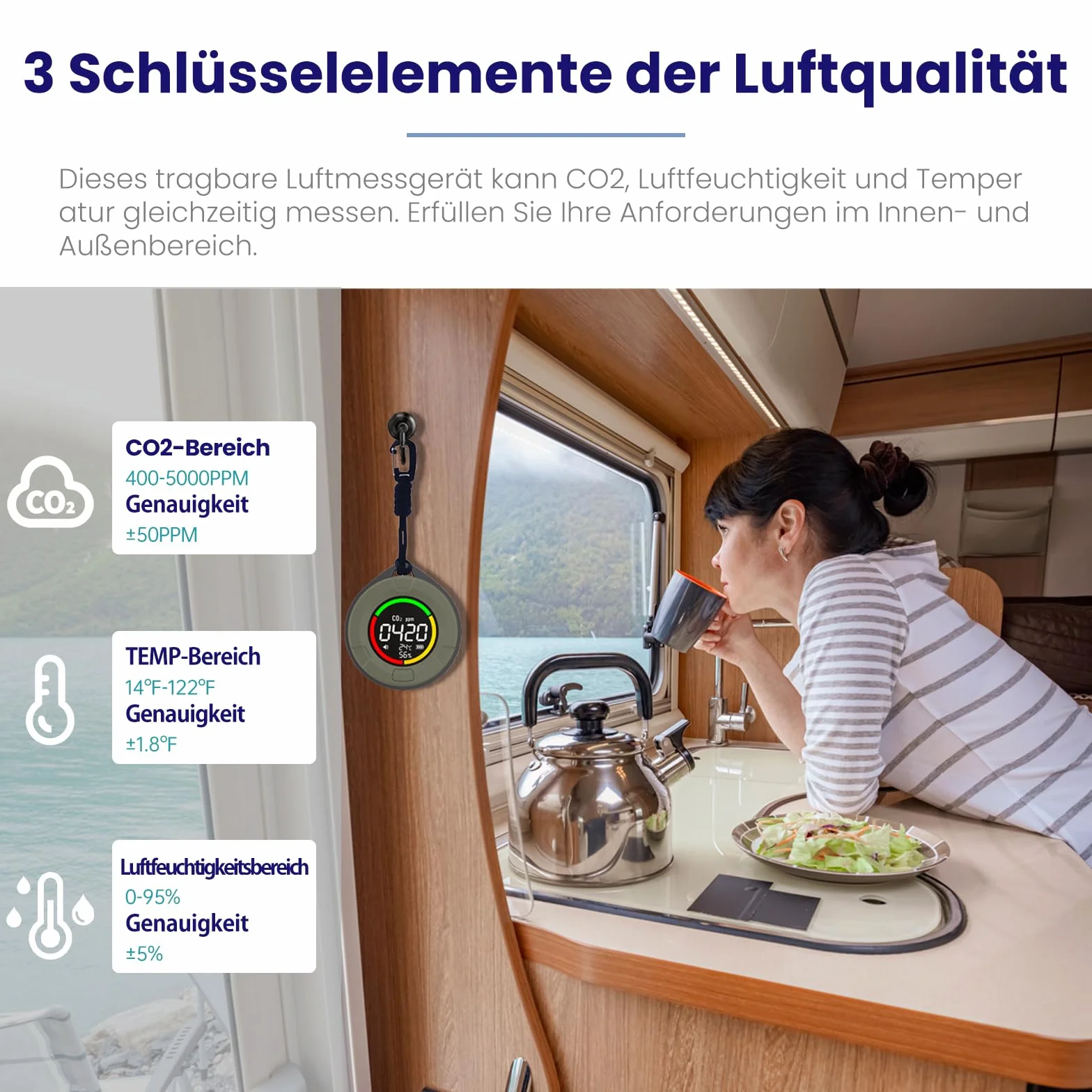 LSENLTY Detector de CO2 portátil, actualización de 2 segundos, monitor de CO2 de alta precisión, medidor de CO2 3 en 1 (temperatura, humedad y valor de CO2), 96 horas de tiempo de espera para viajes