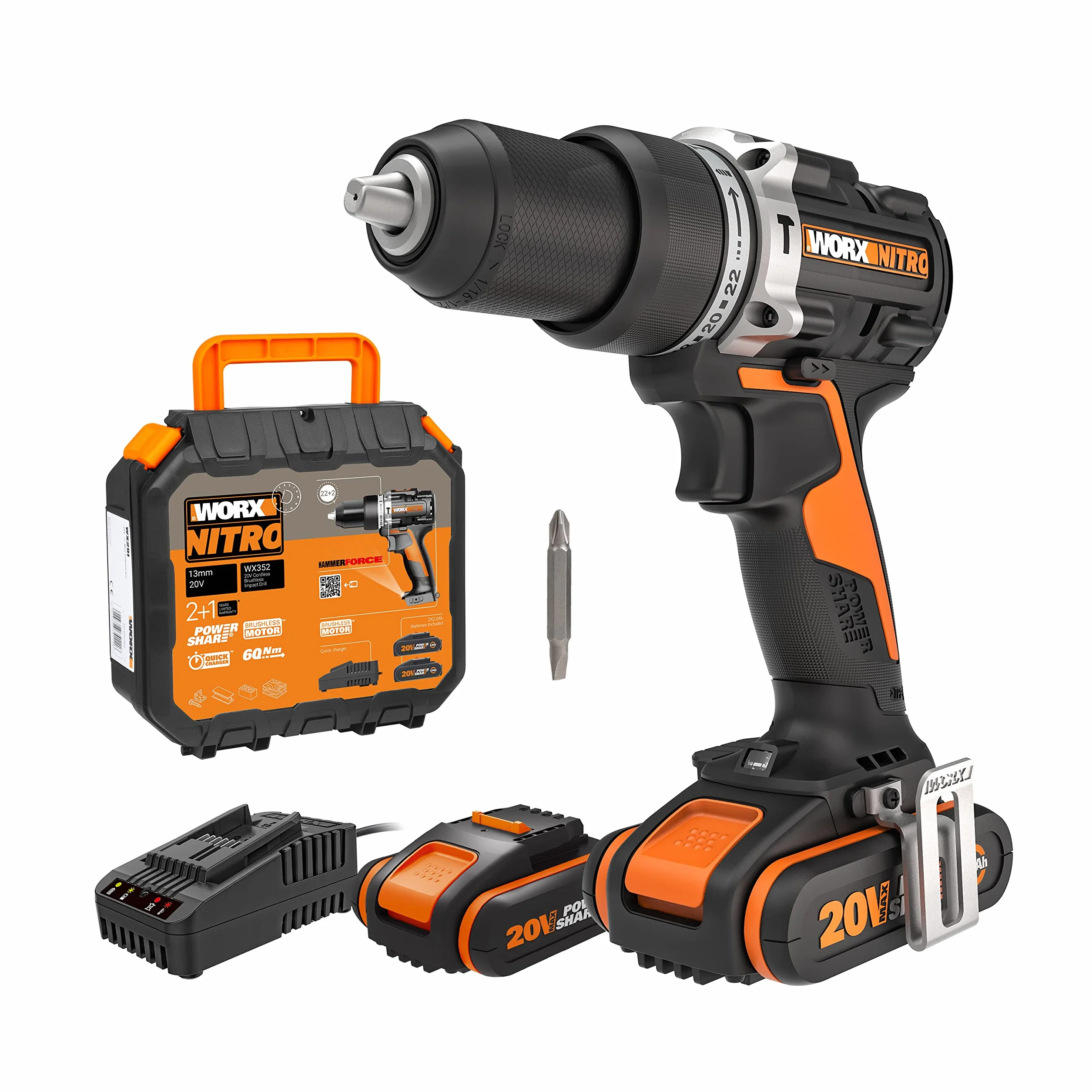 WORX Taladro Percutor a batería 20V Máx | WX352 | Motor sin escobillas | Power Share | 2 baterías de 2Ah | Cargador y maletín | Portabrocas metálico, carcasa de engranajes metálica