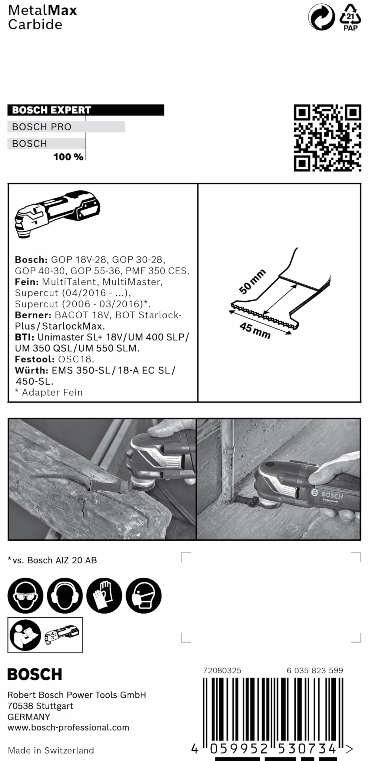 Bosch Professional 1x Hoja de multiherramienta Expert MetalMax PAIZ 45 AIT (para Acero, Acero inoxidable, Anchura 45 mm, accesorios Multiherramienta)