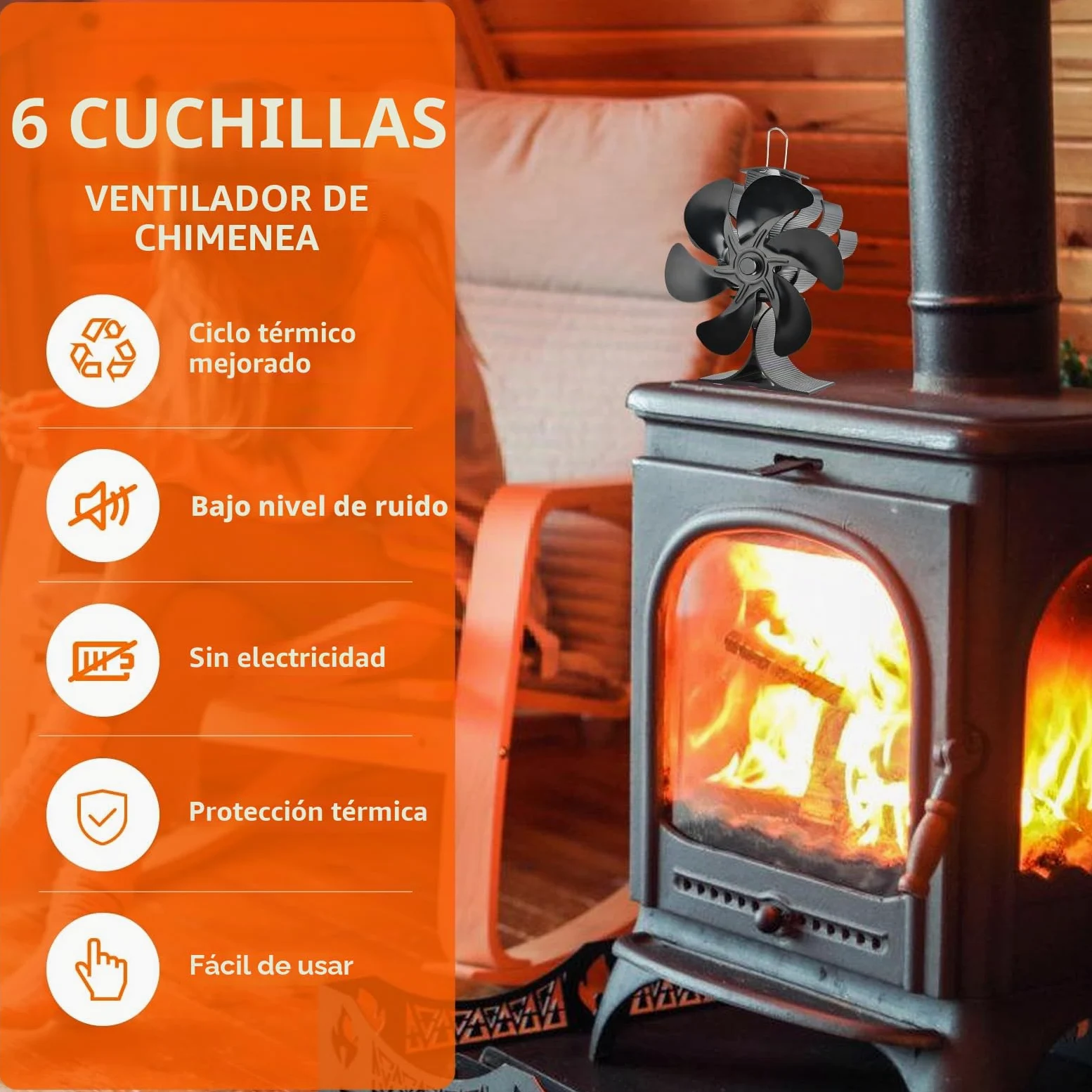 Ventilador Poele de madera,Ventilador de Poele de 6 hojas, Ventilador de estufa de leña Ecológico y de bajo consumo de energía, Funcionamiento silencioso
