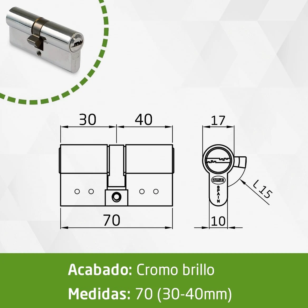 Amig - Cilindro de seguridad Mod. 9800 - Cerradura para puertas - Leva larga de 15mm - Sistema antitaladro - Incluye 5 llaves - Plateado - Medidas: 100 (50-50 mm)