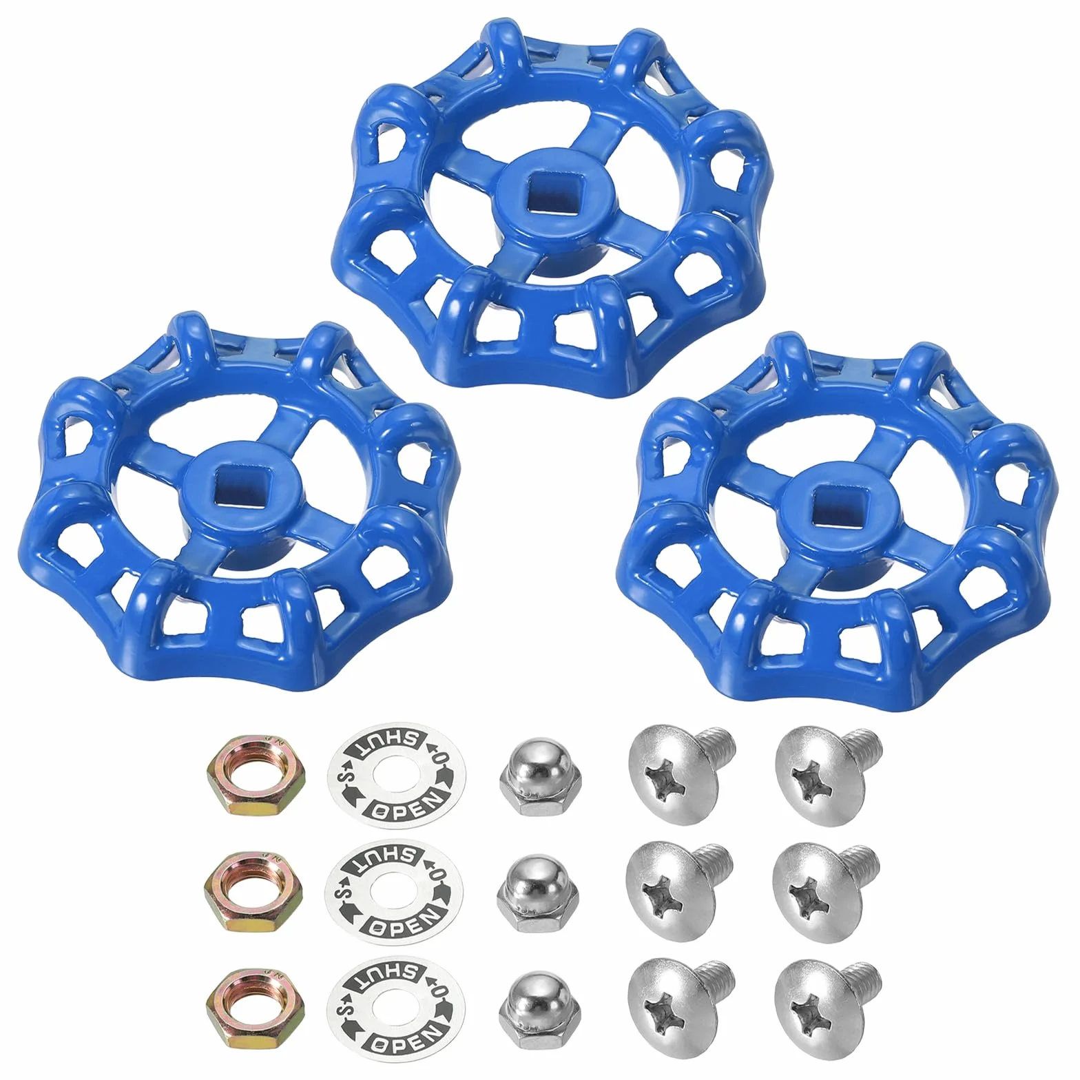 PATIKIL Manija de Grifo Exterior Cuadrada Con Orificio de Vástago de 8X8mm, Rueda Redonda de Acero Fundido para Reemplazo de Manija de Grifo de Agua Con Tornillos Espaciadores, Azul, 3Pcs
