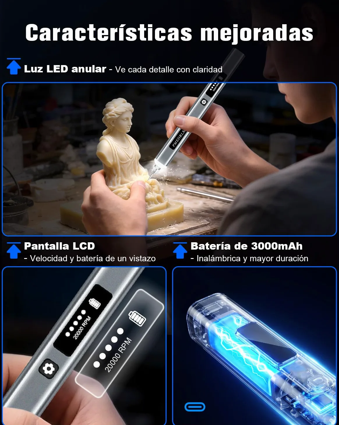 bolígrafo de grabado– Lápiz de grabado eléctrico con pantalla LCD, luz LED, 5 velocidades, 30+ accesorios y carga rápida USB-C herramienta inalámbrica portátil (Gris)