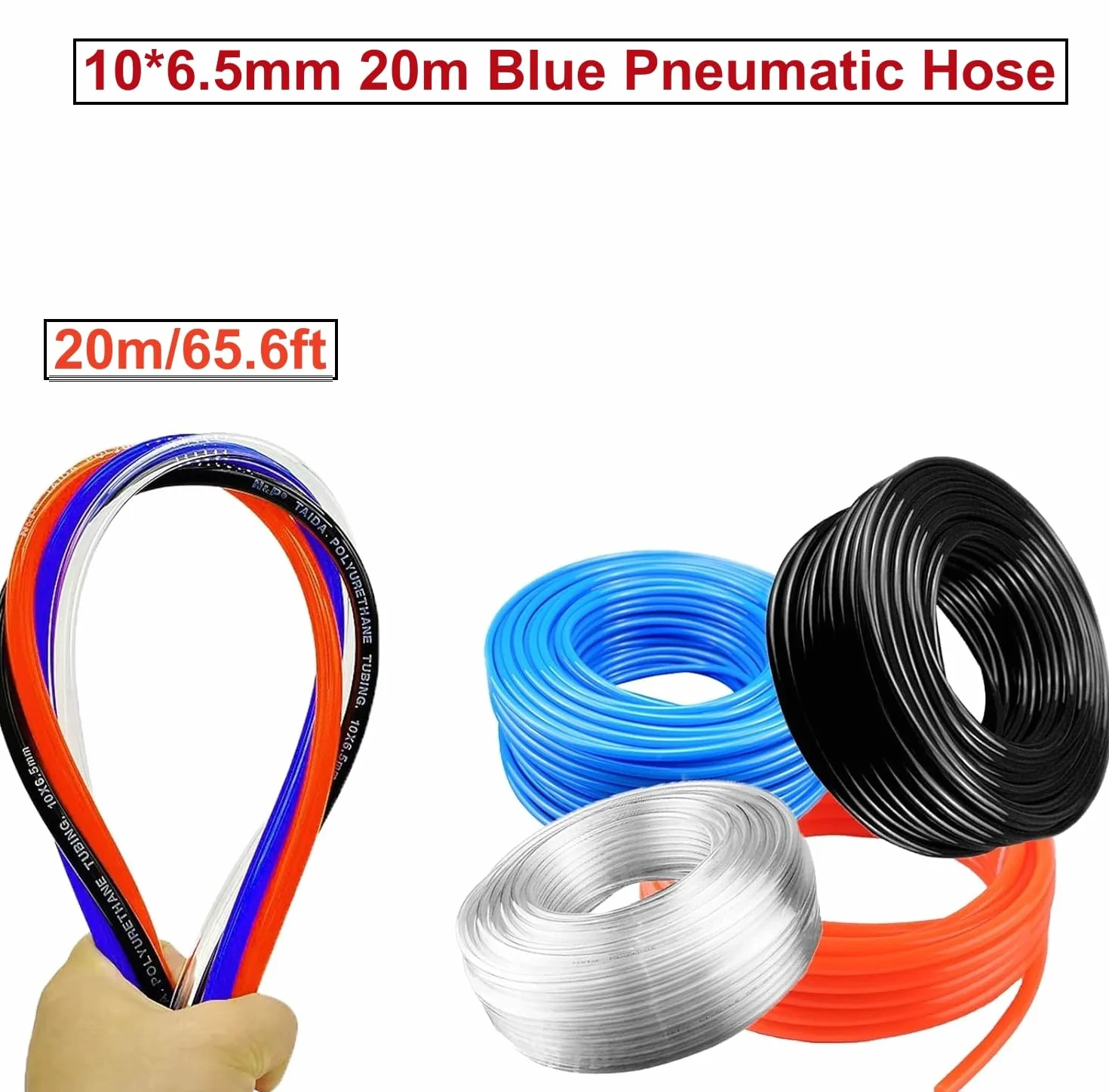 HUAZIZ 20 m de manguera neumática de poliuretano azul, manguera neumática de poliuretano, manguera flexible de aire comprimido, exterior 10 mm x interior 6,5 mm + 1 cortador de manguera azul + 1 pieza