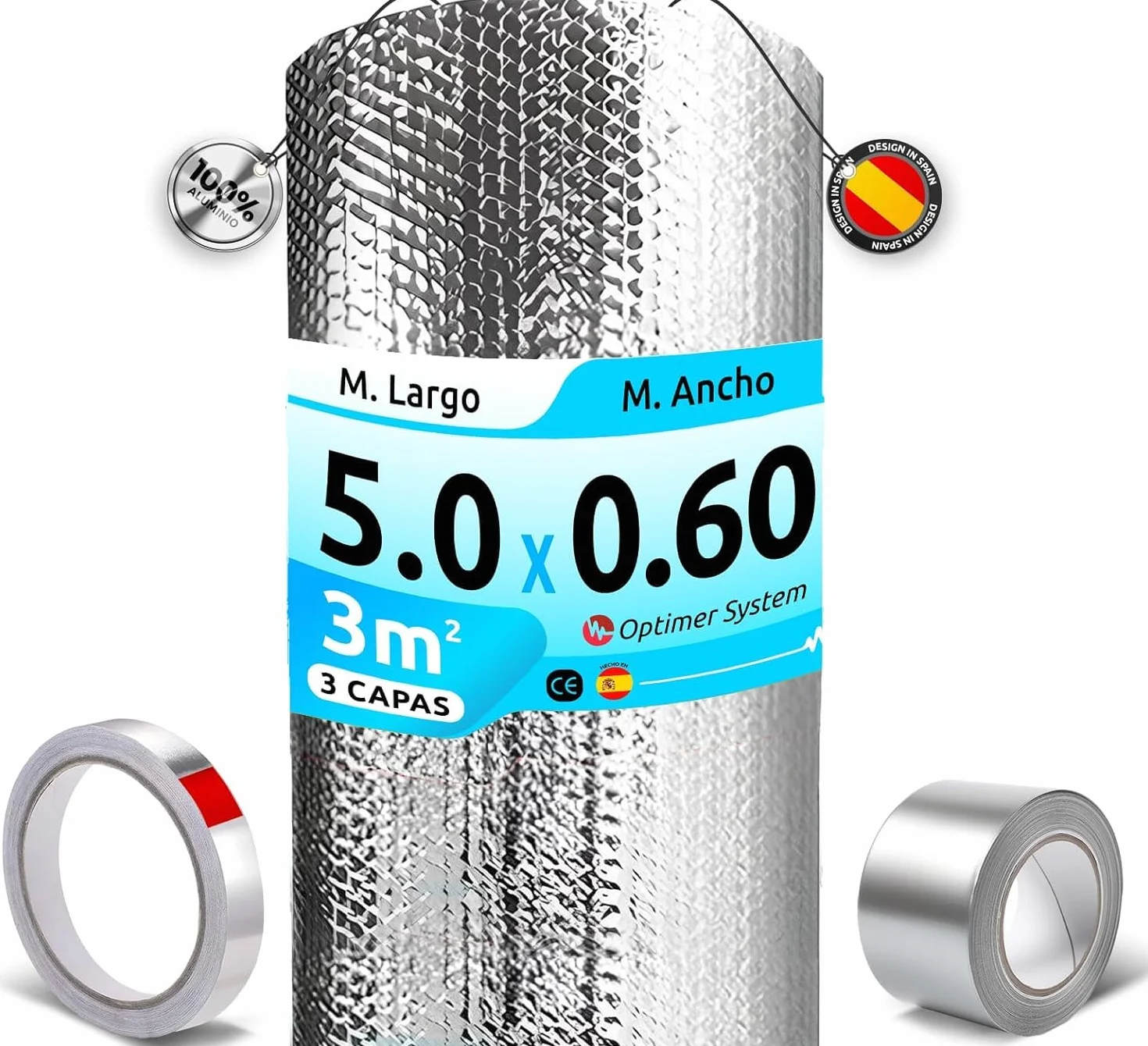 AISLANTE TERMICO MULTIUSOS PREMIUM | Reduce el Frio y el Calor |100% ALUMINIO|Aislante Termico para Ventana, Pared, Suelo, Techo, Coche, Garaje [ 0.6 X 5m ] (3m²) + 2 cintas adhesivas
