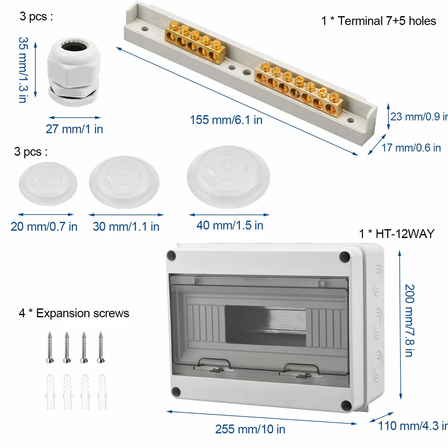 Caja Estanca Exterior, IP65 Cuadro Electrico 12 Modulos, Caja Estanca Exterior Electrica con 3 Conectores, 7 Terminales de Latón, para uso en Interiores y Exteriores