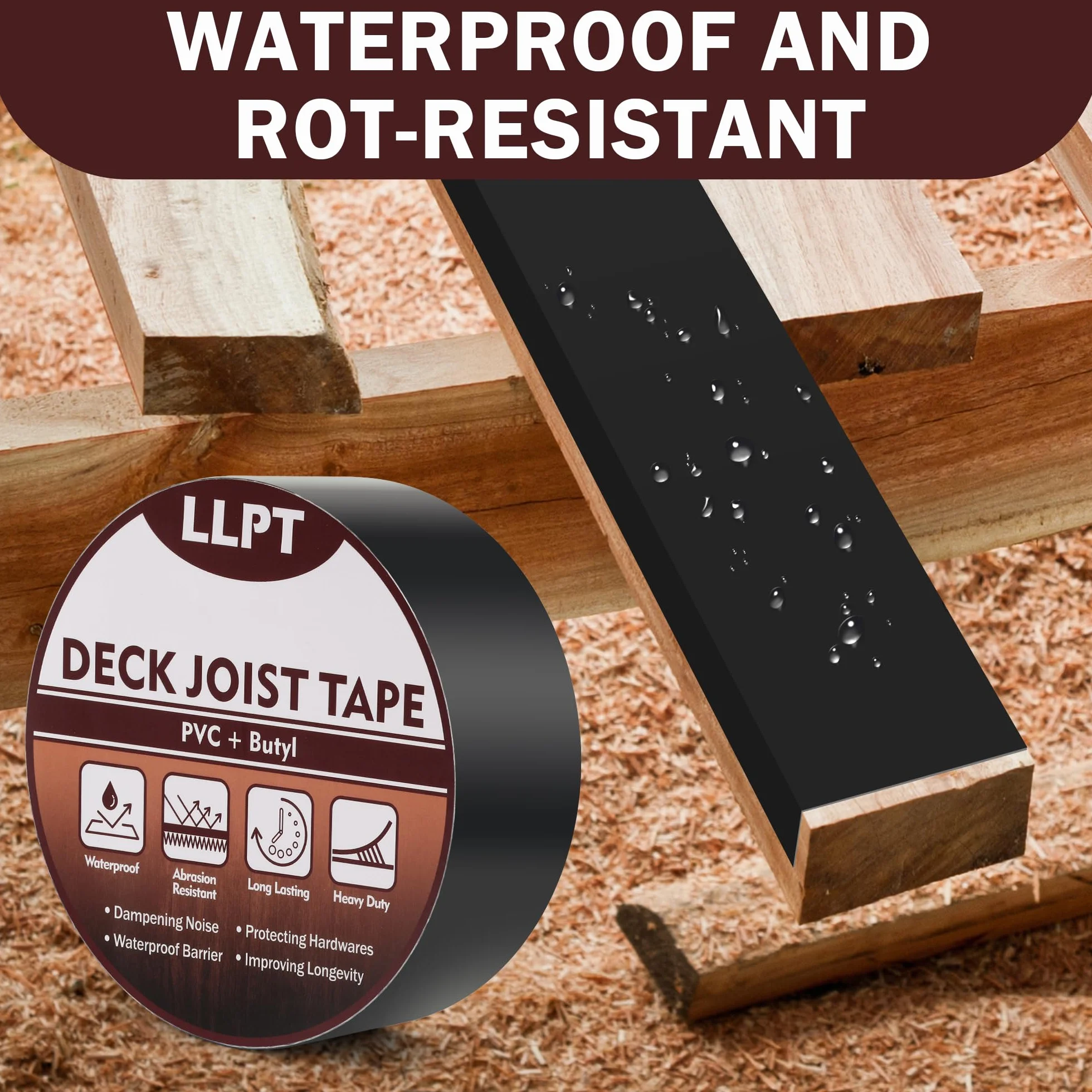 LLPT Cinta para Vigas para Terrazas | 2 Rollo | 101 mm x 15 m | Cinta Autosellante Resistente al Agua | para Cubiertas de Madera para Vigas de Vigas de Construcción de Cubiertas de Madera (JDT450P2)