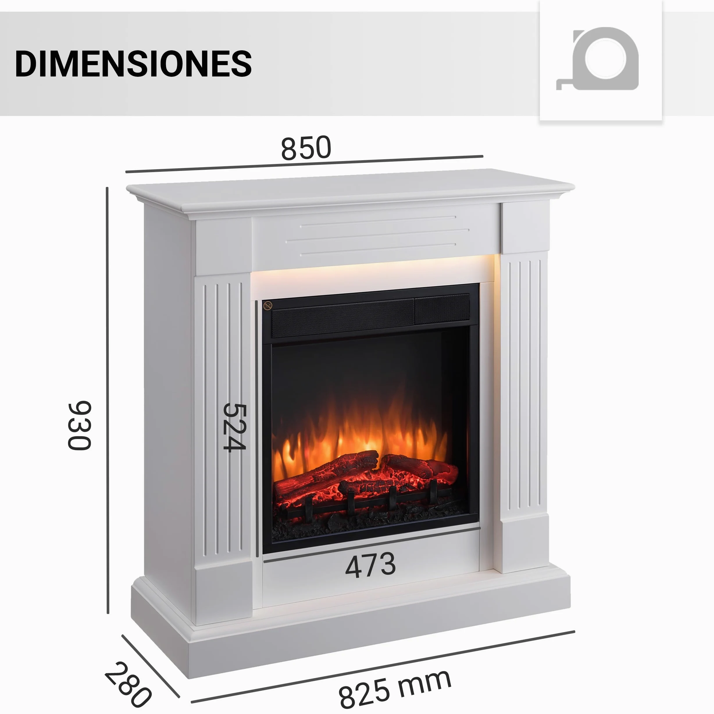 BALDERIA Chimenea eléctrica de pie Ladina, 2000 W, Blanco | Efecto de Llama 3D, Calentador, Calefacción, Iluminación Ambiental LED, Mando a Distancia, Temporizador y termostato