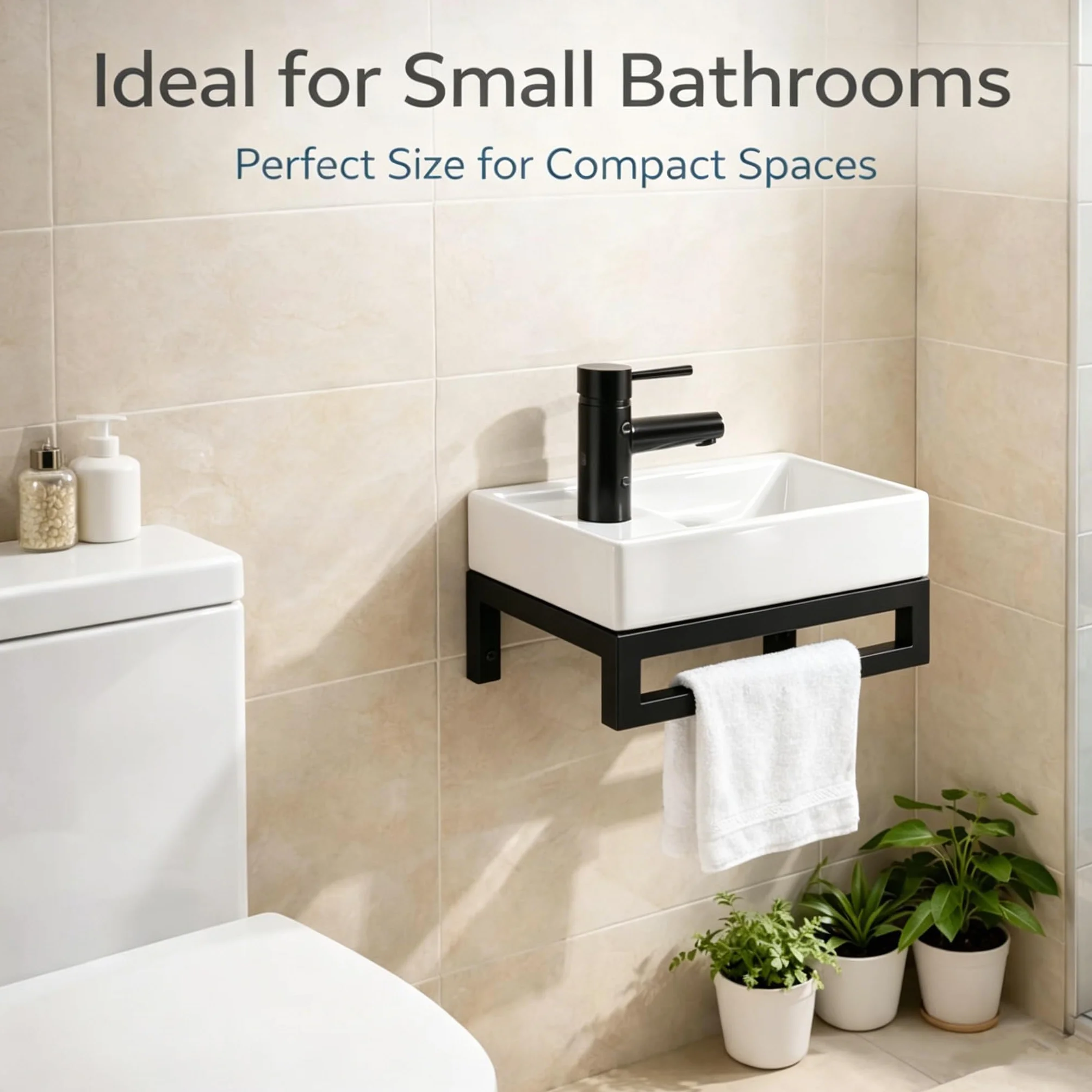 NUESTRA VIDA Lavabo de Cerámica para Baño de Invitados 40x22 cm - Compacto con Rebosadero y Estructura Metálica Negra Mate - Ideal para Espacios Pequeños