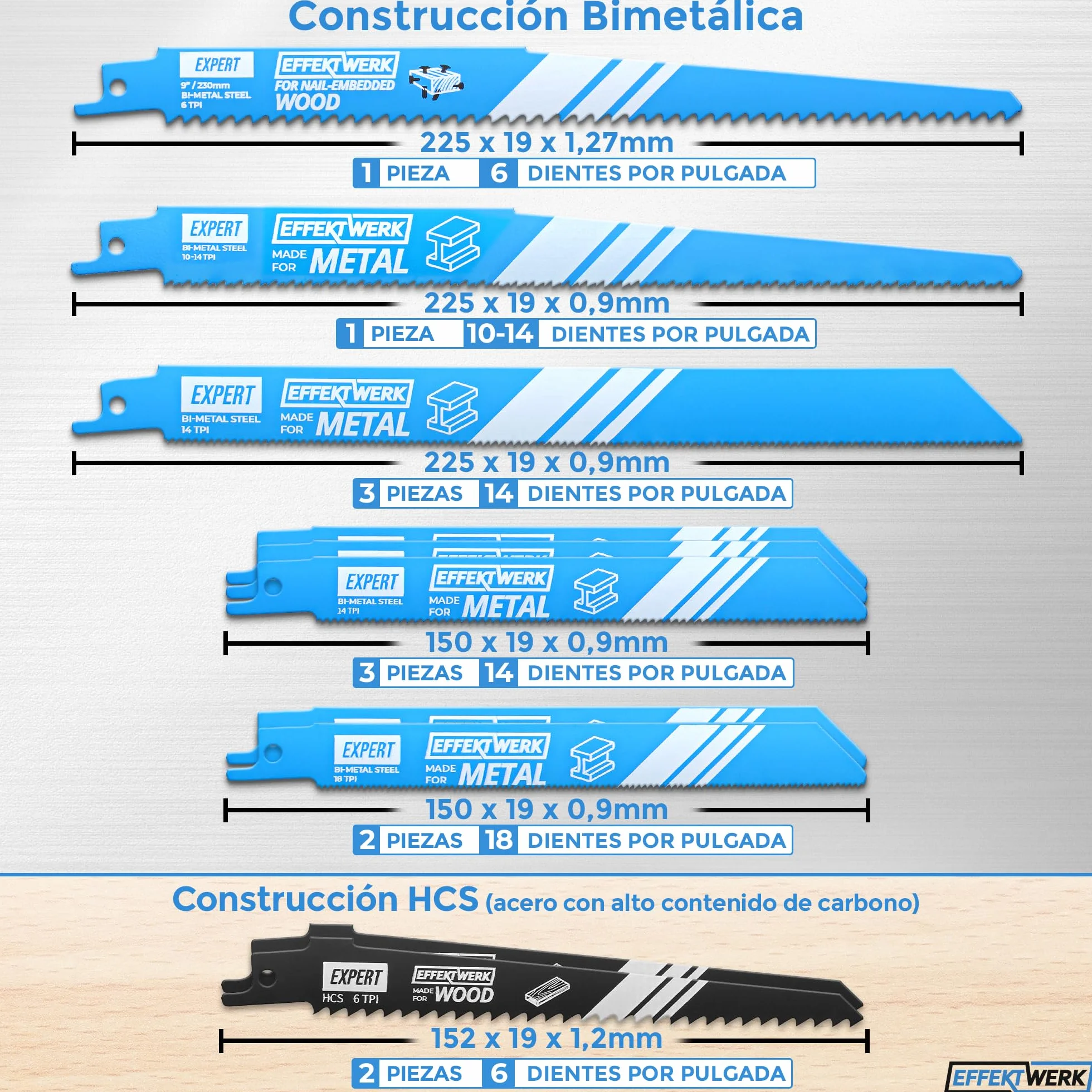 Juego de hojas de sierra recíproca 10 piezas acero HCS para madera, metal y plástico 6-18 TPI