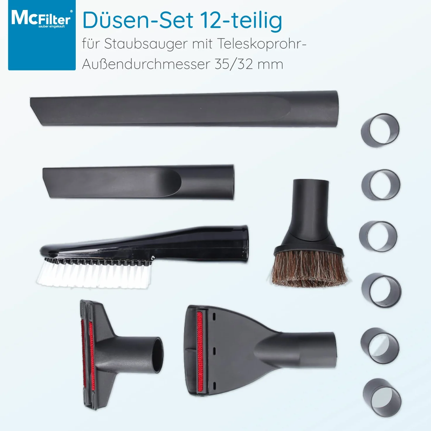 McFilter | Juego de boquillas 12 piezas compatible con MAKITA VC2010L VC2012L VC2512L VC3011L VC3012L VC3511L | boquilla para hendiduras, cepillo para muebles, cepillo de aspiración, adaptador