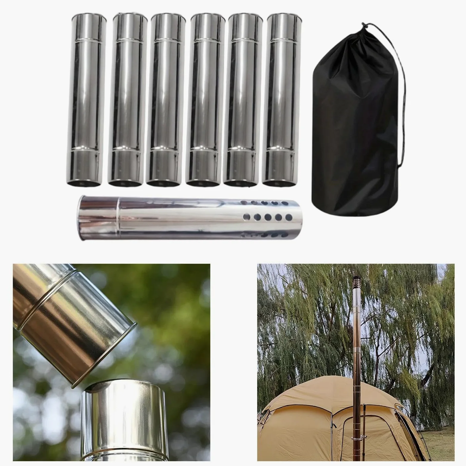 6 Tubos de Chimenea de Acero Inoxidable para Estufa de Camping, para Uso en Exteriores.