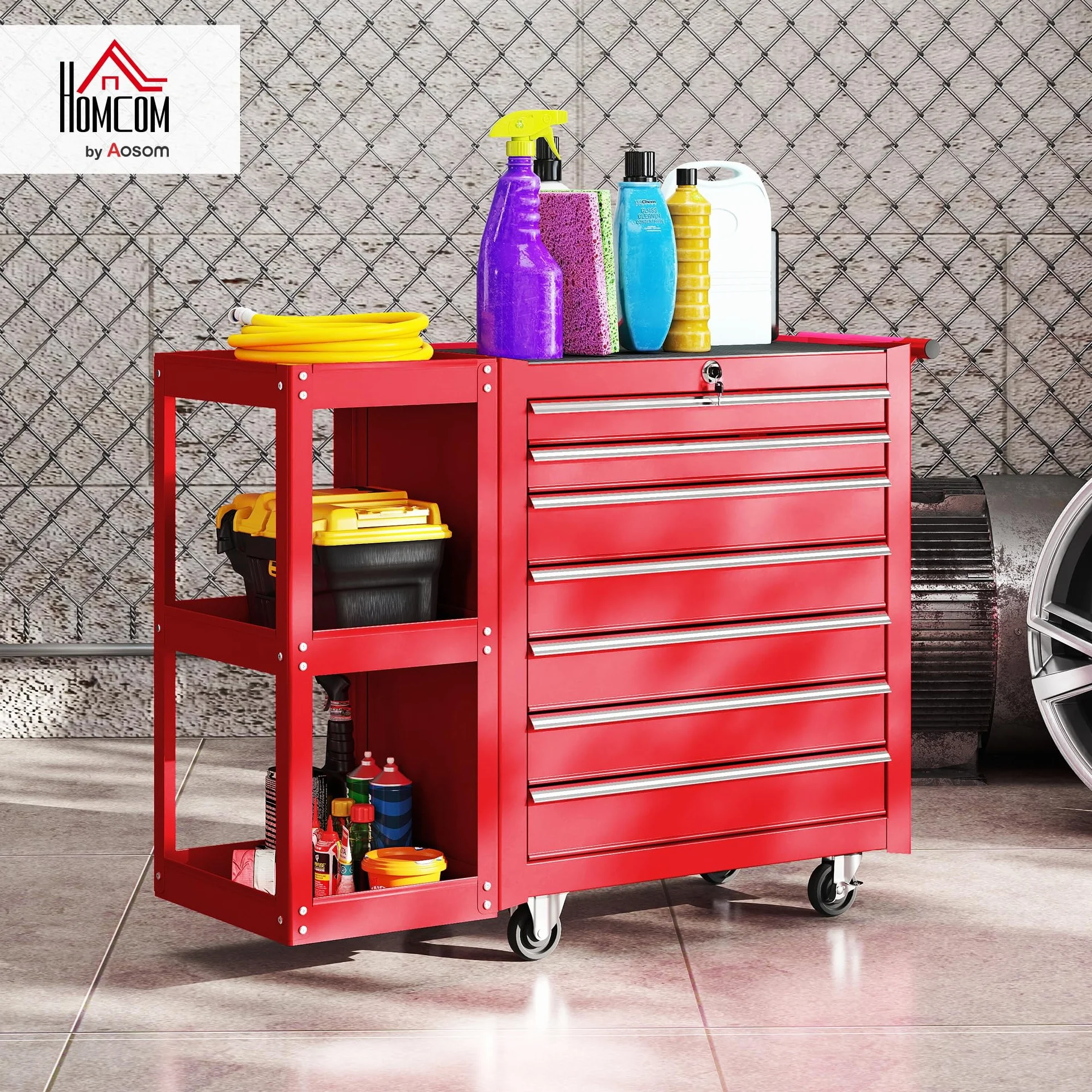 HOMCOM Carro de Herramientas 7 Cajones, Taller Estantería 3 Niveles Desmontable, Cierre Central, Asa, Ruedas Freno, Rojo
