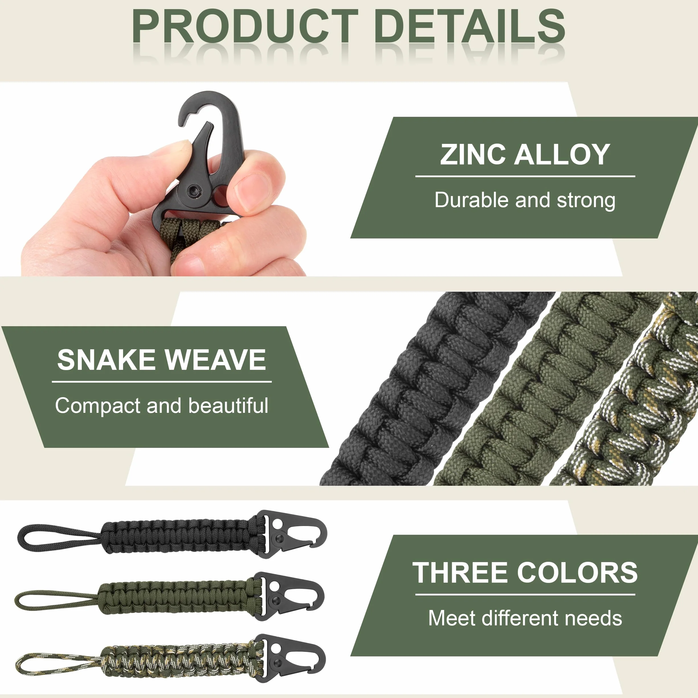 Llaveros de Cuerda de Paracaídas Cordón Trenzado con Mosquetón Cordón de Cintura Antipérdida Hebilla Cuerda Táctica para Camping Senderismo Caza 3 Piezas