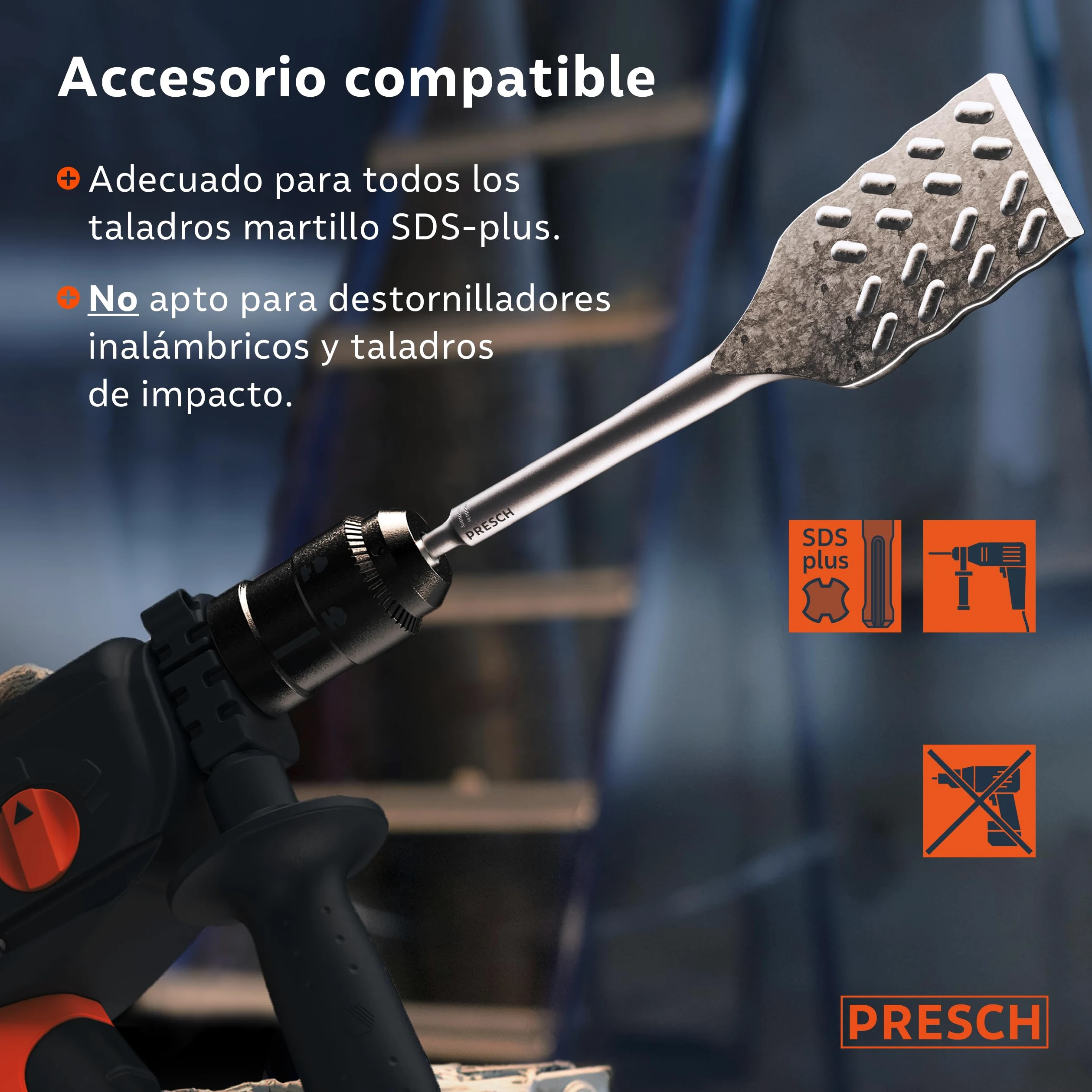 PRESCH SDS plus Cincel Azulejos - Extra largo (250mm) - Bord de corte extremadamente duradero (50mm ancho) - Acodado para facilitar la extracción de azulejos - Acero de alto rendimiento