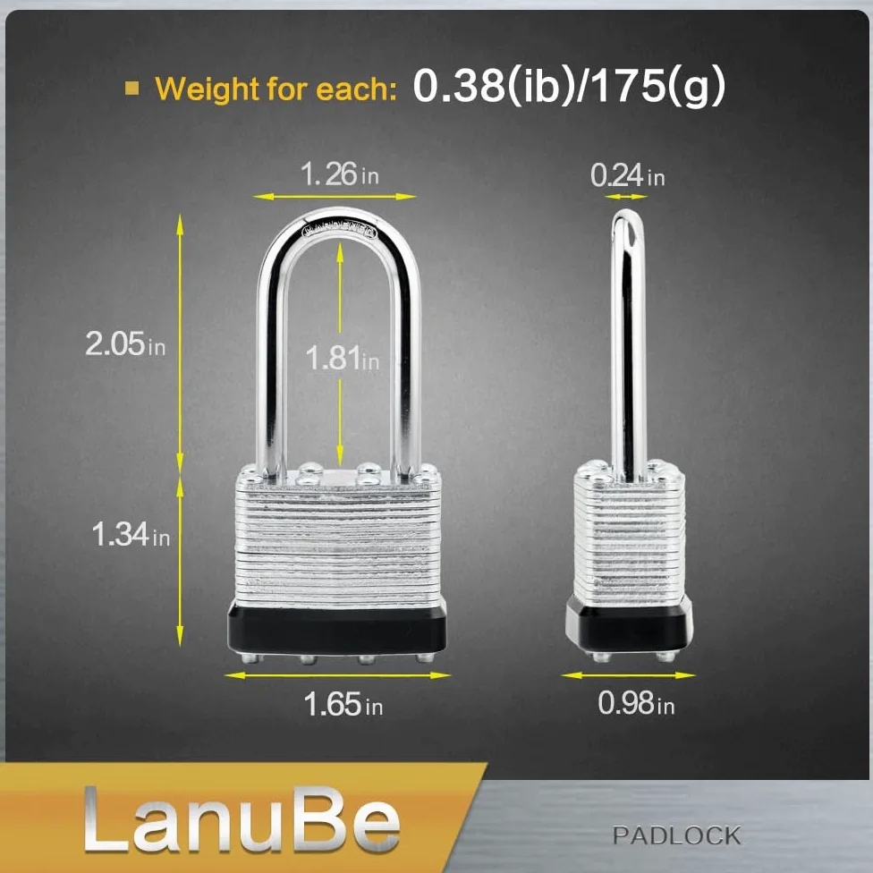 LanuBe Candado laminado con llave (1-9/16 pulgadas, 40 mm), cerraduras con llave igual, grillete largo, aro de plástico negro marcado, paquete de 24