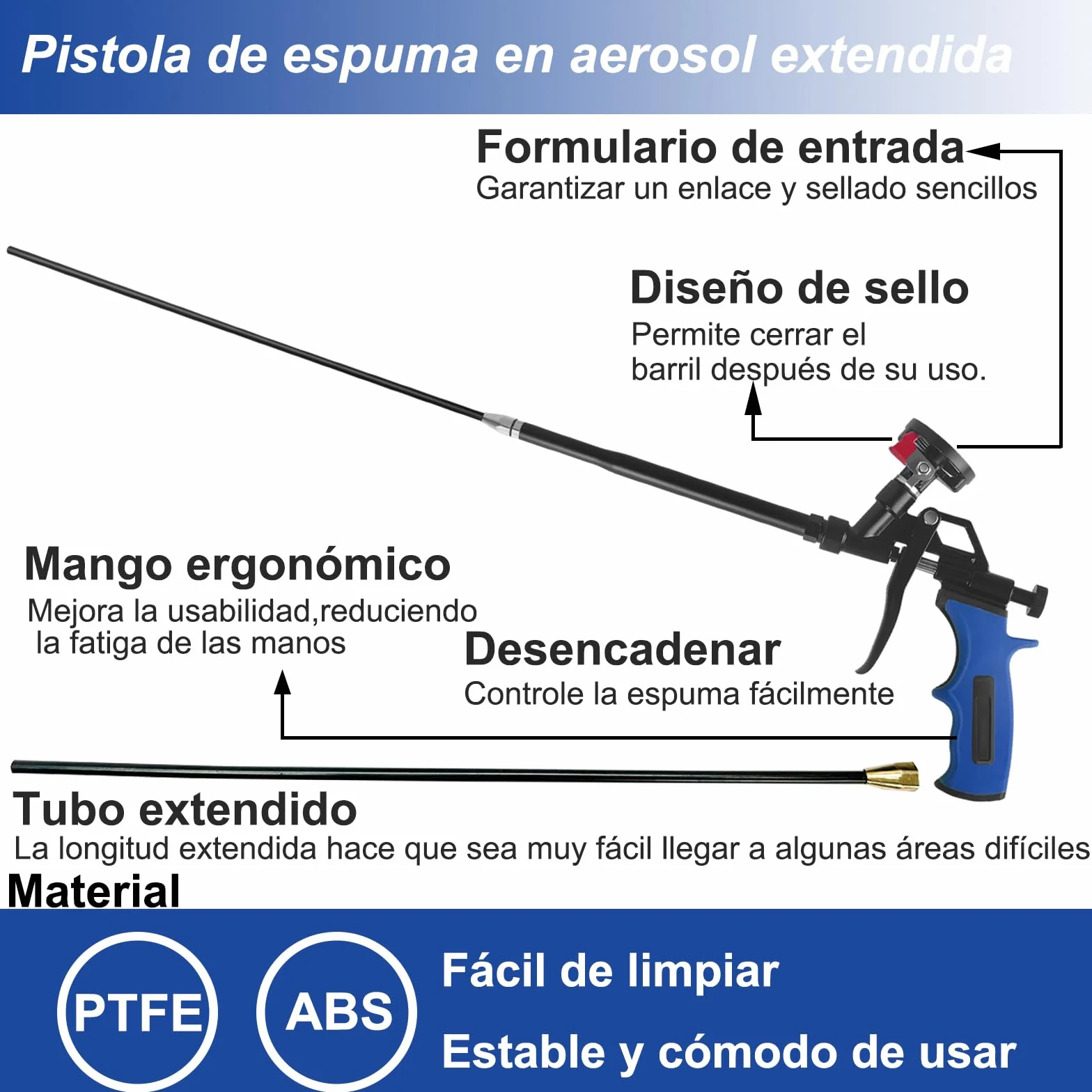 Pistola de espuma desmontable de 24 pulgadas, pistola de espuma expandible profesional, pistola de espuma dispensadora adecuada para calafatear, llenar, sellar (azul)